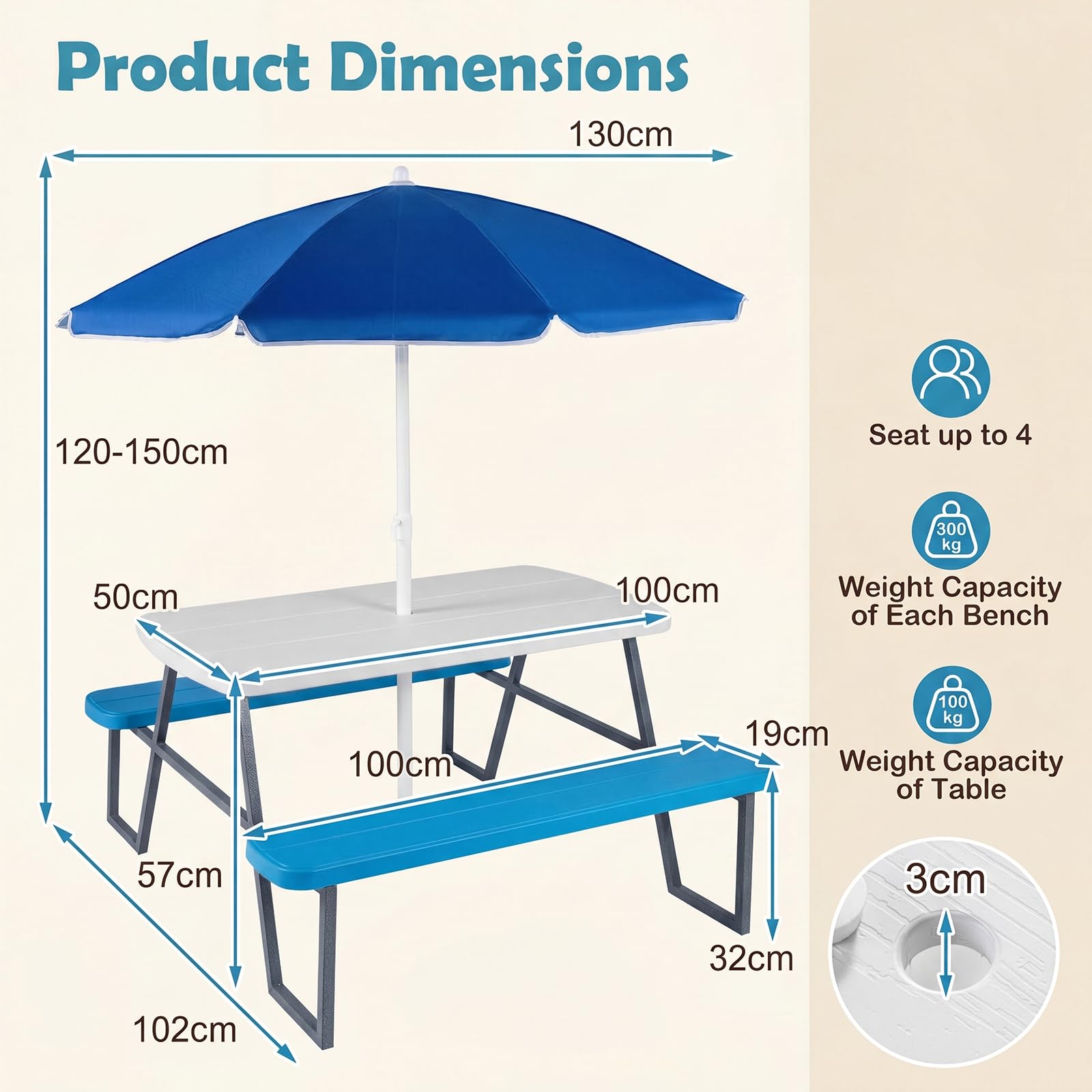 LIFEZEAL Tavolo da Picnic per Bambini con Ombrellone Pieghevole, Regolabile | Set Tavolo e Sedie per Bambini 3-8 Anni, 1 Tavolino e 2 Panche per Giardino, Terrazzo, Campeggio, Cameretta e Cortile