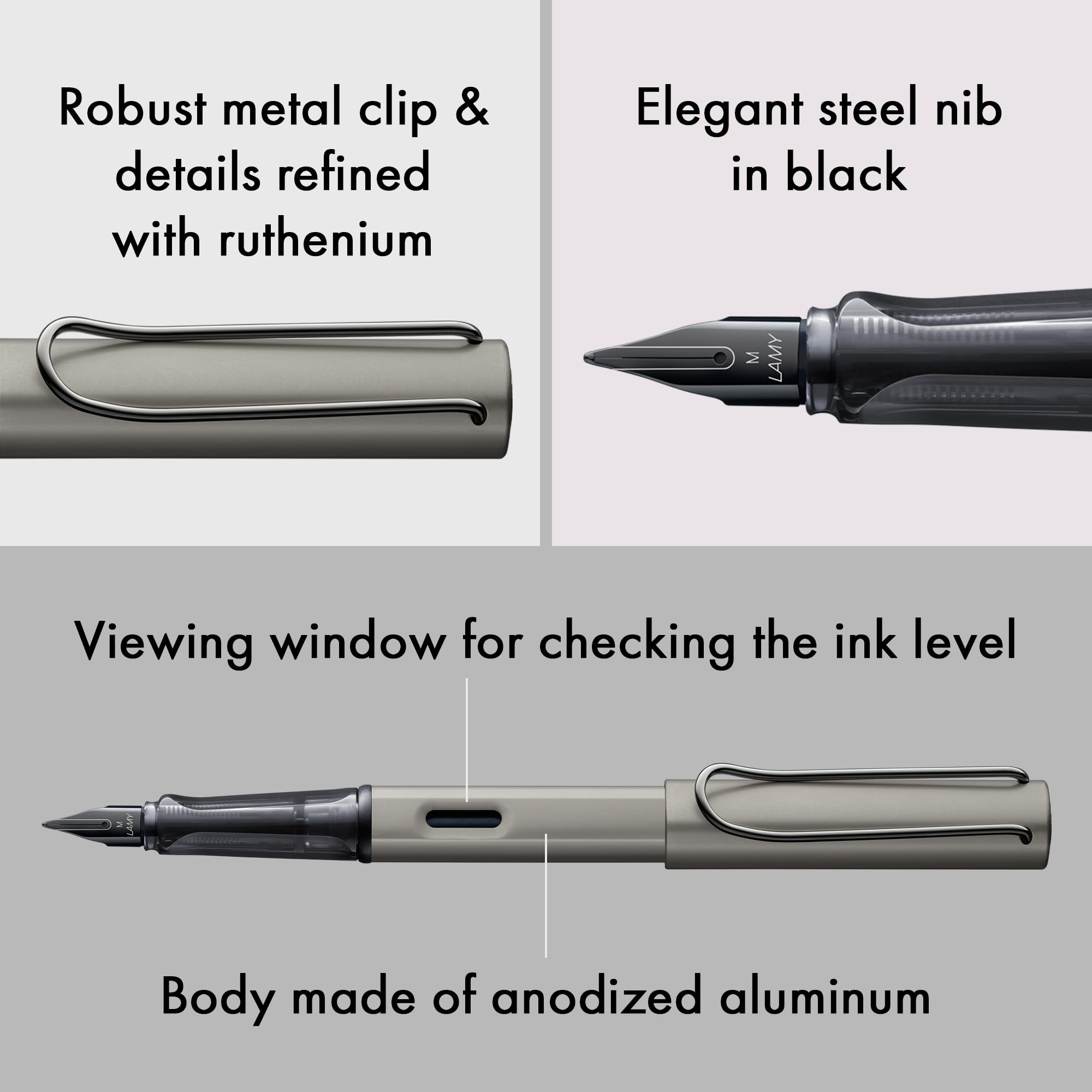 Lamy Stylo plume Lx en ruthénium - Plume revêtue de PVD et prise ergon. - Plume en acier de taille B - Corps léger en aluminium - Cartouche d'encre bleue T 10 et un étui métal - Pour droitiers