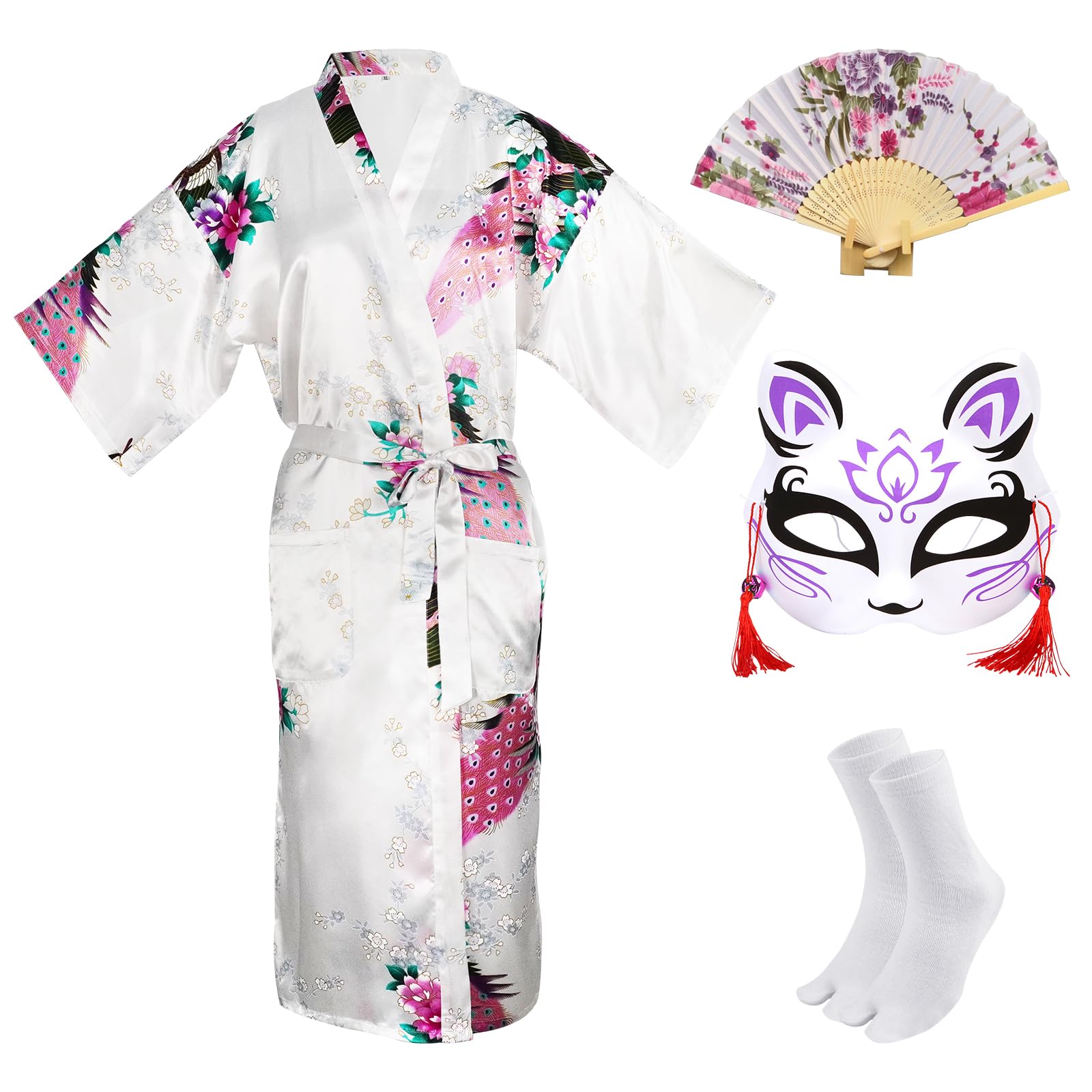 Robe Kimono Japonaise pour Femmes, Japonais Traditionnel Yukata Femme, Paon Peignoir, Masque Kimono Eventail à Main Ensemble de Chaussettes