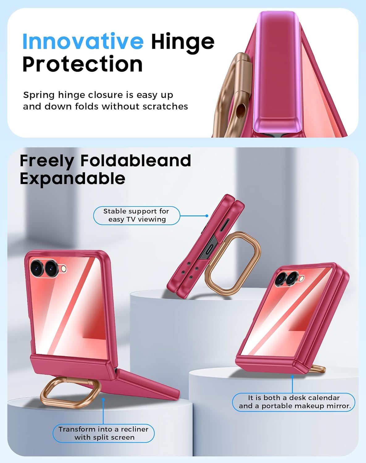 Vizvera for Samsung Galaxy Z Flip 7 Case with Ring Holder[Slim Design][Screen Protector][Hinge Protection] Translucent Matte Shockproof Protective Phone Case for Galaxy Z Flip 7(Ring Magenta)