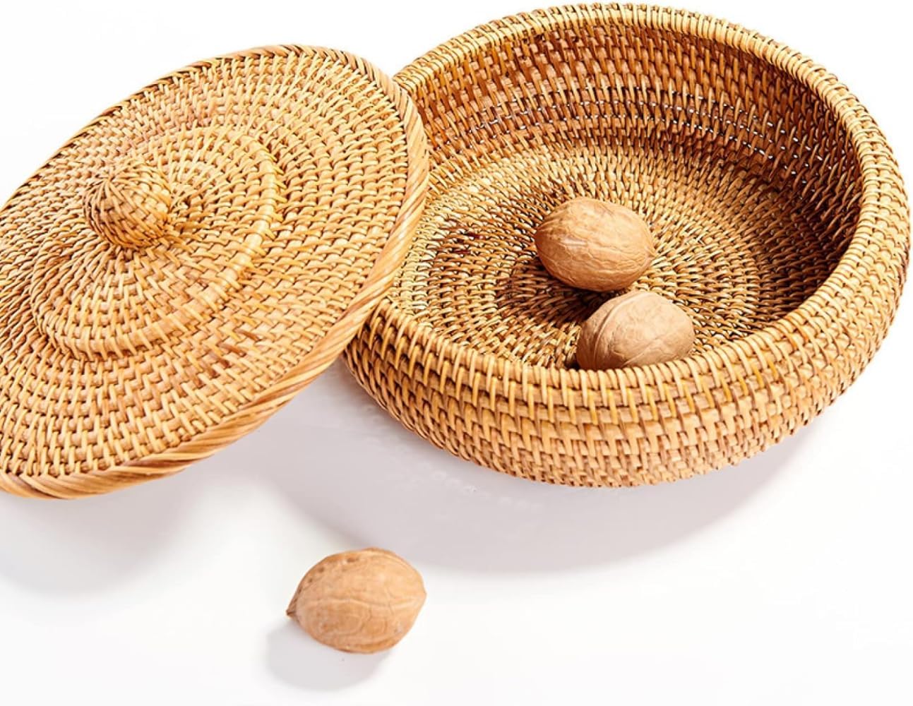 円形ラタンボックス 蓋付き 手織り 多目的 籐トレイ 11インチ ピクニック 食品 パン テーブル ストレージ バスケット (S)