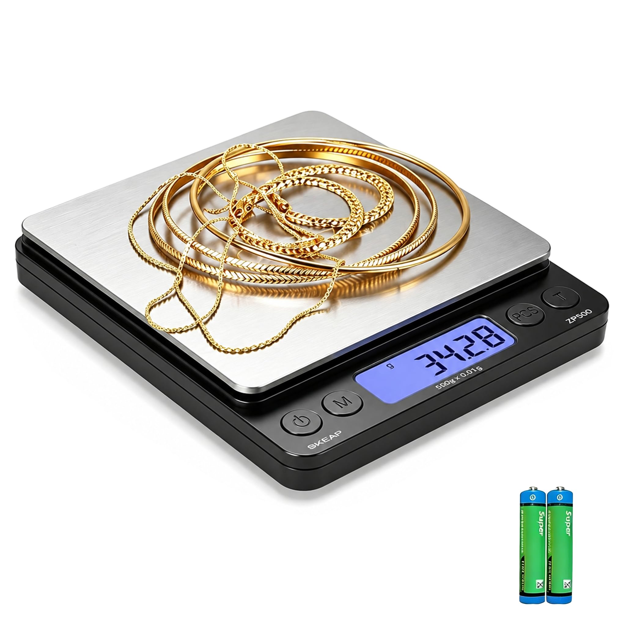 SKEAP ZP500 - Bilancia digitale per gioielli, 500 g x 0,01 g, bilancia portatile ad alta precisione con display LCD retroilluminato, adatta per oro, argento, platino, monete, gemme, lingotti