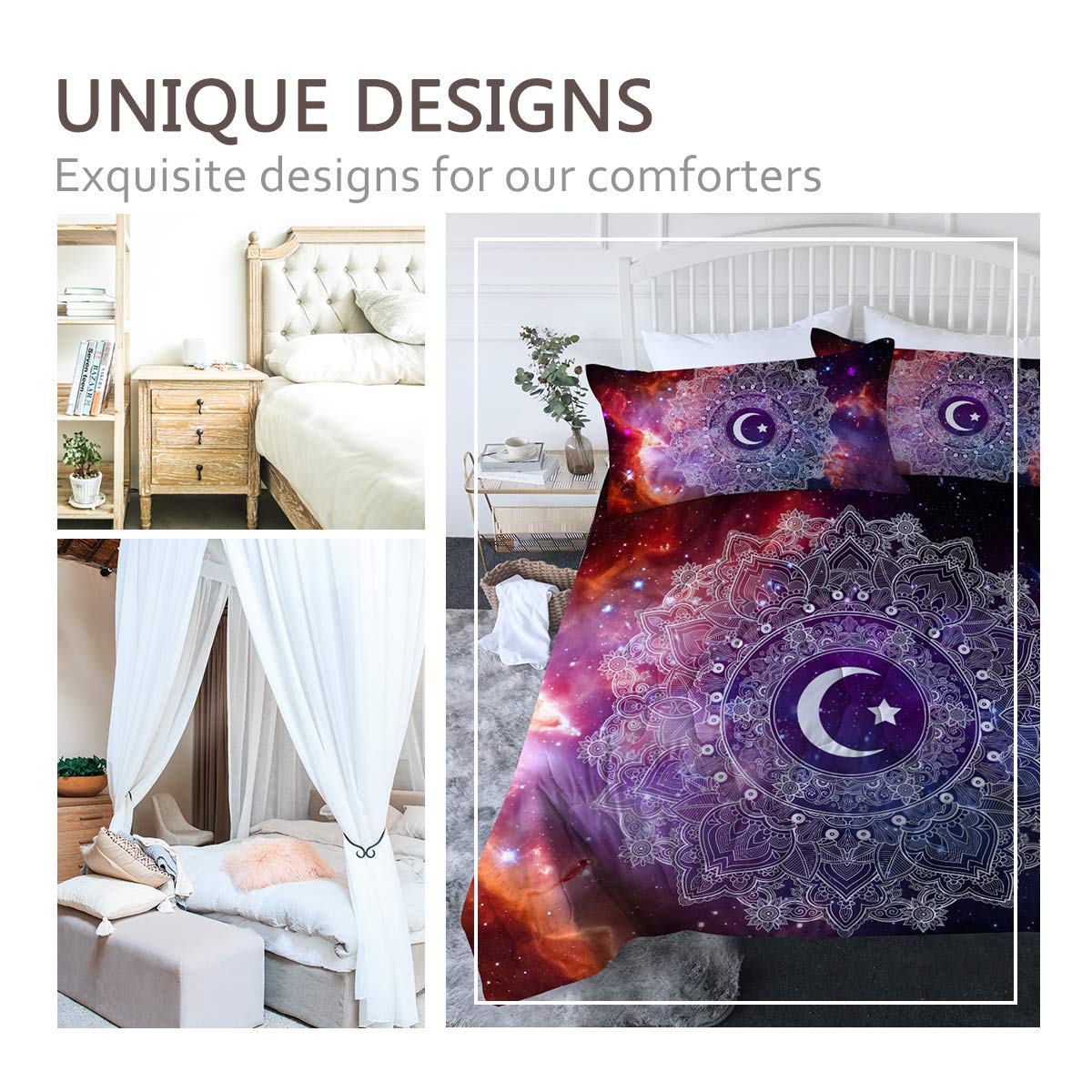BlessLiving 3 Piece Moon and Star Comforter Set Celestial Mandala Bedding Set Cosmic Purple Space Comforter Full/Queen Size Reversible Quilt Sets with 2 Pillow Shams