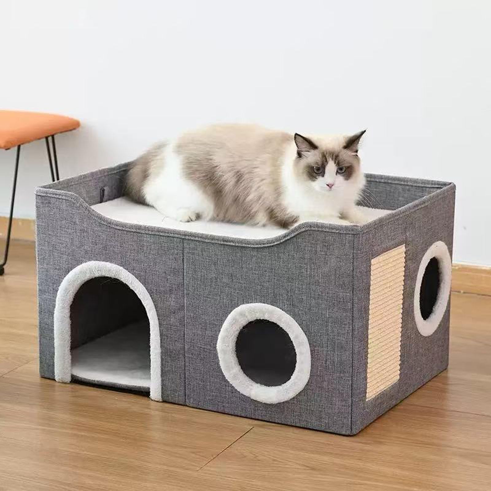 Cat House Cave Hideout with Hanging Ball and Scratch Pad, Collapsible (Grey, 21.6 x 15.7 x 15.7 inches)