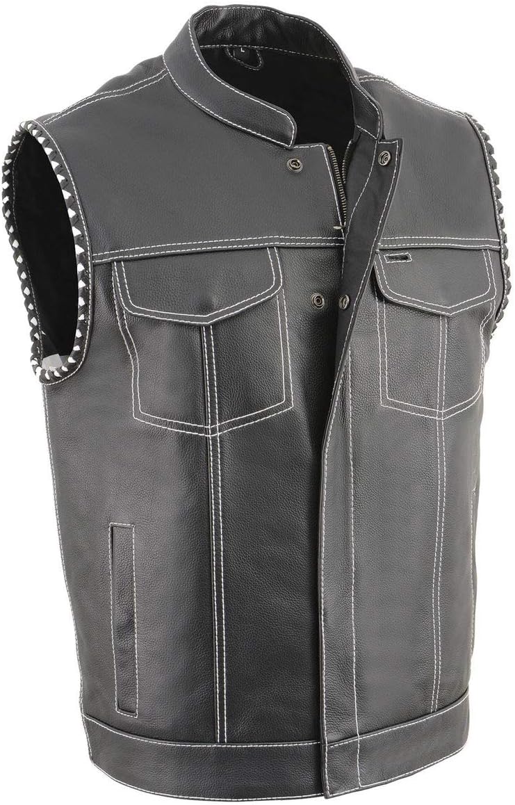 Milwaukee Leather MLM3509 Men's Black Premium Leather Vest - Old Glory Laced Armholes White Stitching Club Style Vest - 3X-Large
