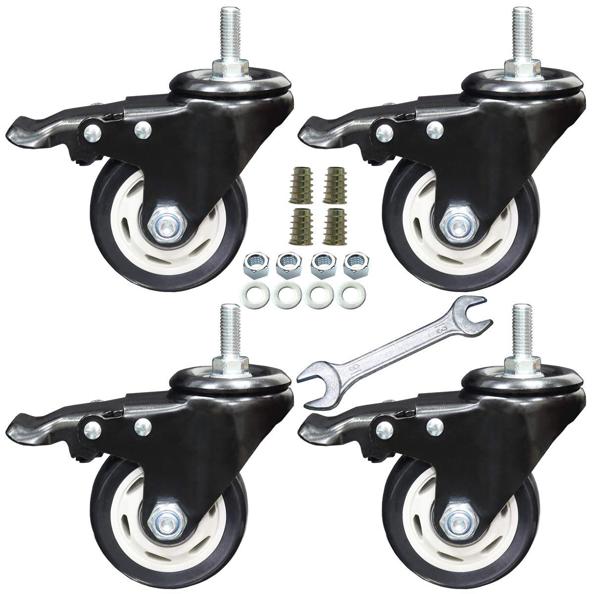 DICASAL 3 Inch Stem Casters Swivel Stem Mount Industrial Castors with Imperial Size Thread 3/8"-16x1 Safety Dual Locking Wheels PU Foam No Noise Wheel for Workbench Furniture DIY Carts