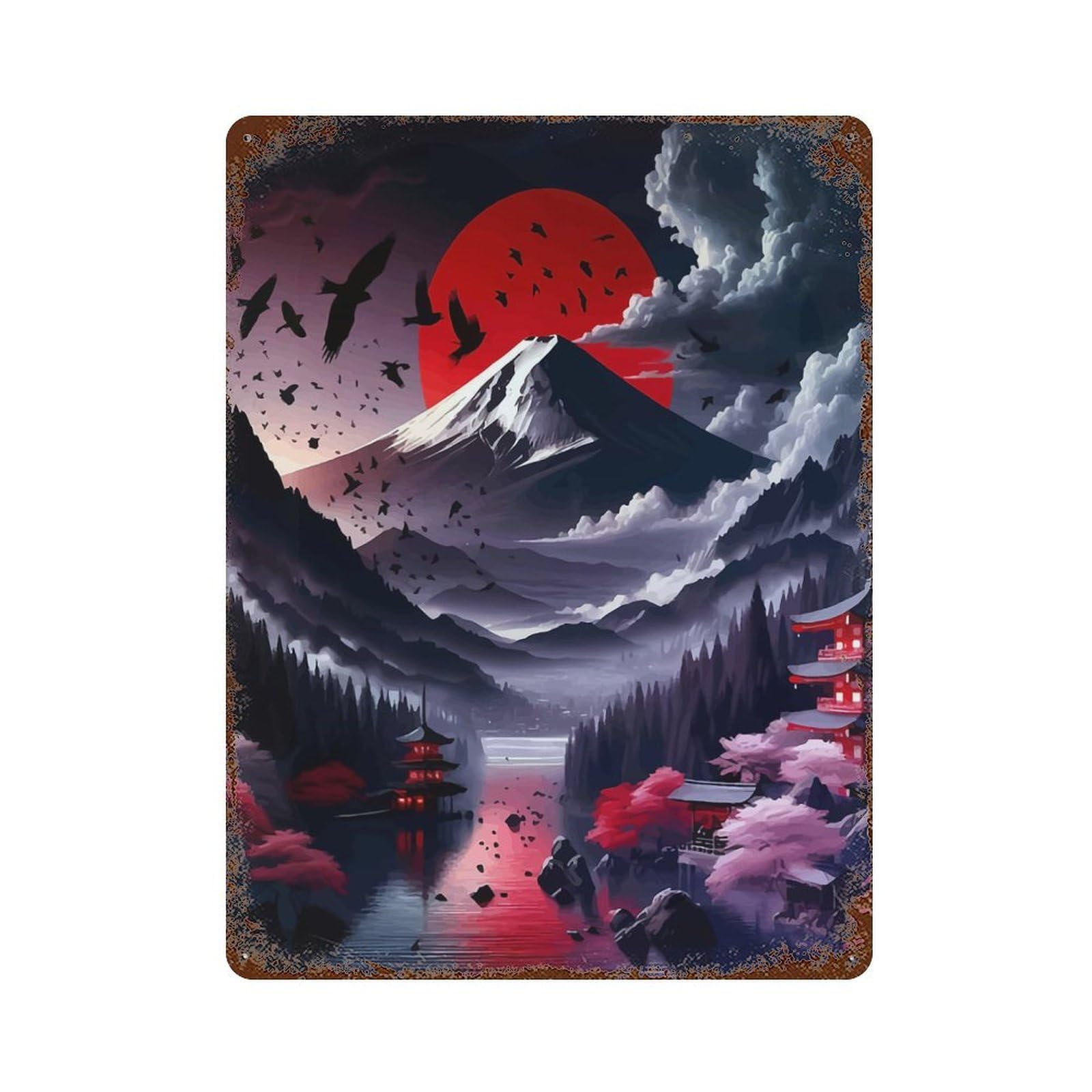 Japanese Fantasy Landscape Rust Effect Tin Sign 15.7"x11.8", Old School Wall Decor for Living Room, Hallway And Home Decor