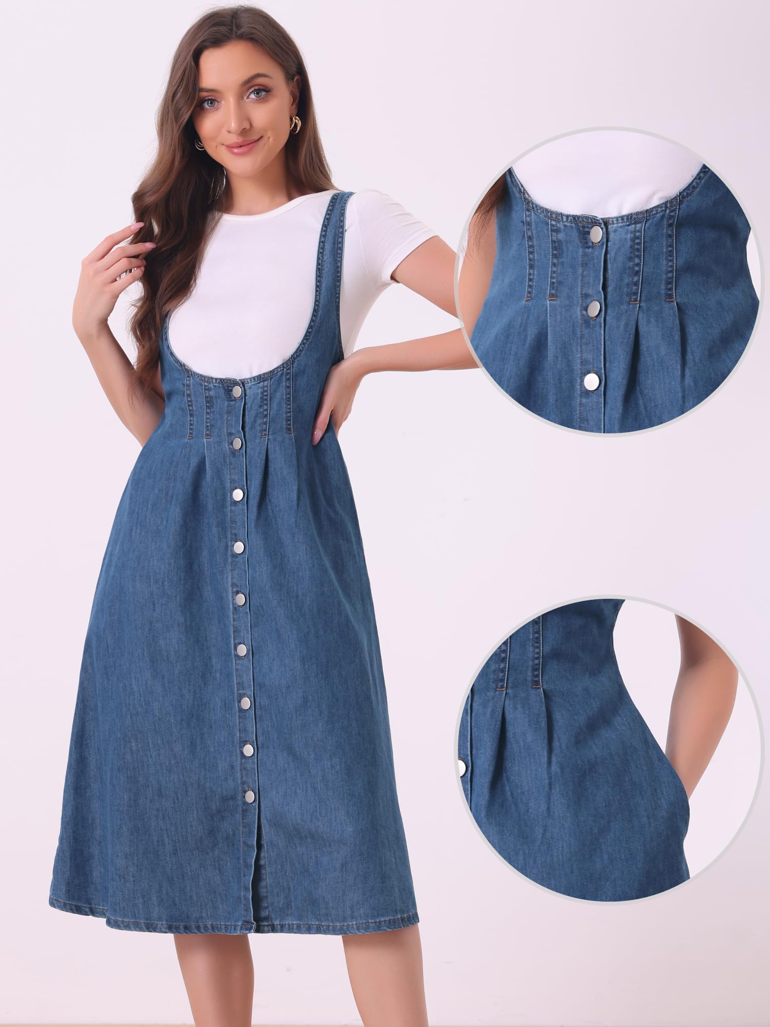 Allegra K Robe Salopette en Jean Femme à Bretelles Robe Midi Boutonnée Combinaison Vintage Classique Col en U Robe Mi-Longue en Jean avec Poches