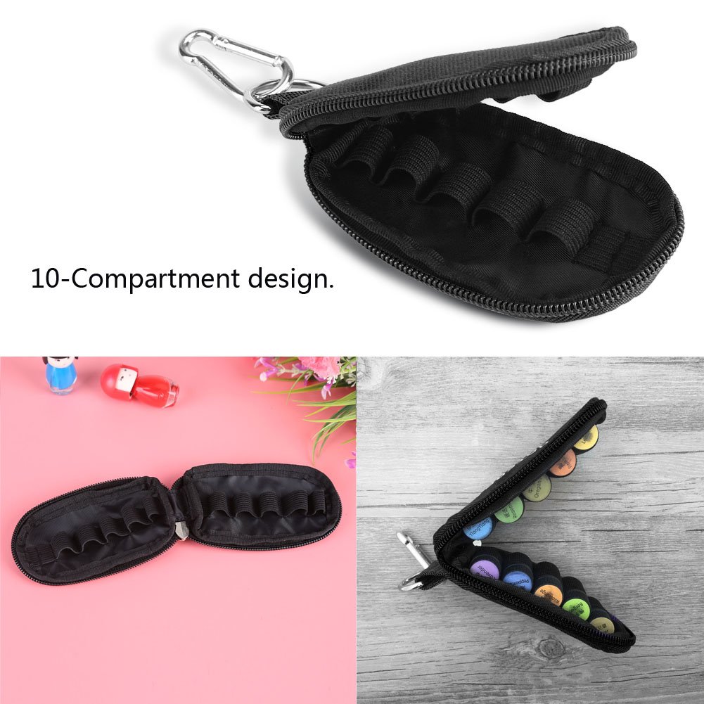 Estuche Organizador Portátil para Aceites Esenciales, 10 Compartimentos, Estilo Llavero, Negro, Tela Oxford y Poliéster, 2/3ML, 11.3x7x1cm