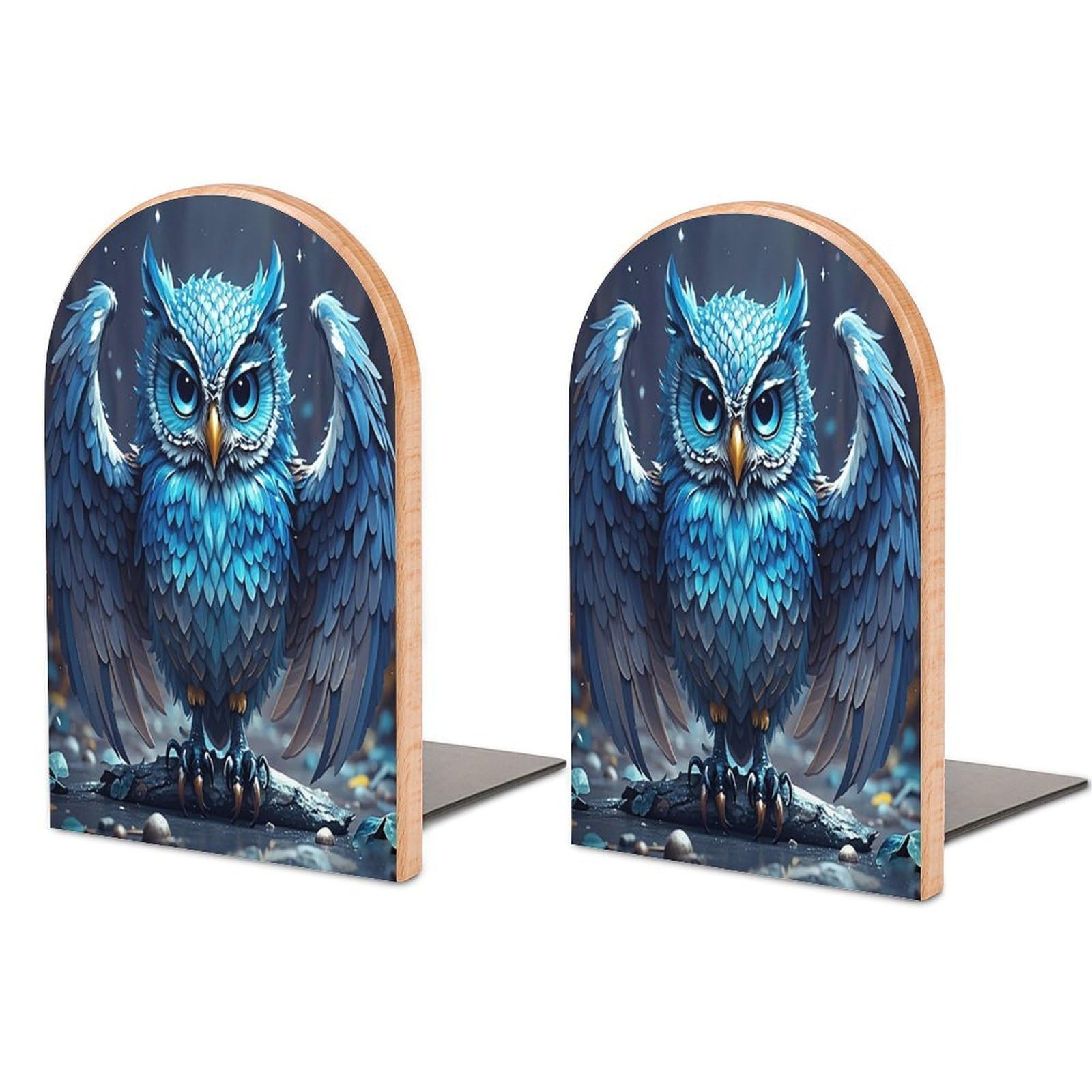 Blue Owl Bookend for Shelves Non-Skid Book Holder Modern Heavy Duty Bookend Stopper Metal Base Wood Book End Books Shelf Holder Home Decorative 1pair 5x3.9x3.1