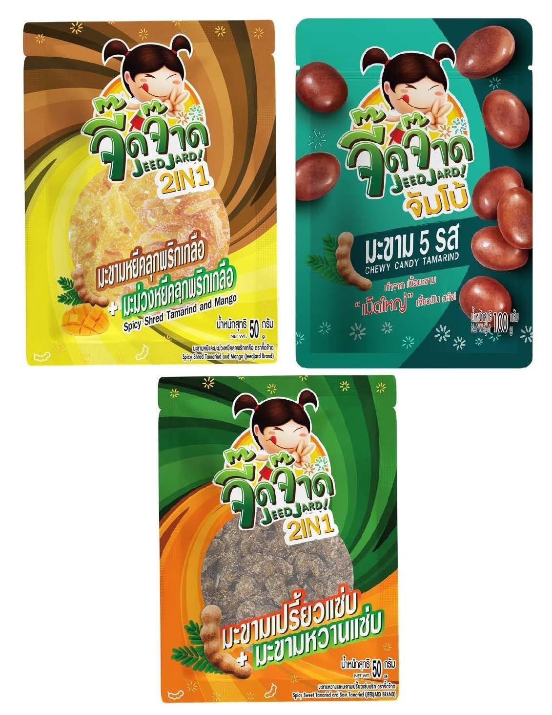 JeedJard 3 Mixed Variety Flavor 5 Tastes Tamarind Sweet & Sour Chewy Candy, Spicy Shred Tamarind & Mango Real Fruit, Spicy Sweet & Sour Dried Tamarind Seedless, (Pack of 3), 7.05 Oz