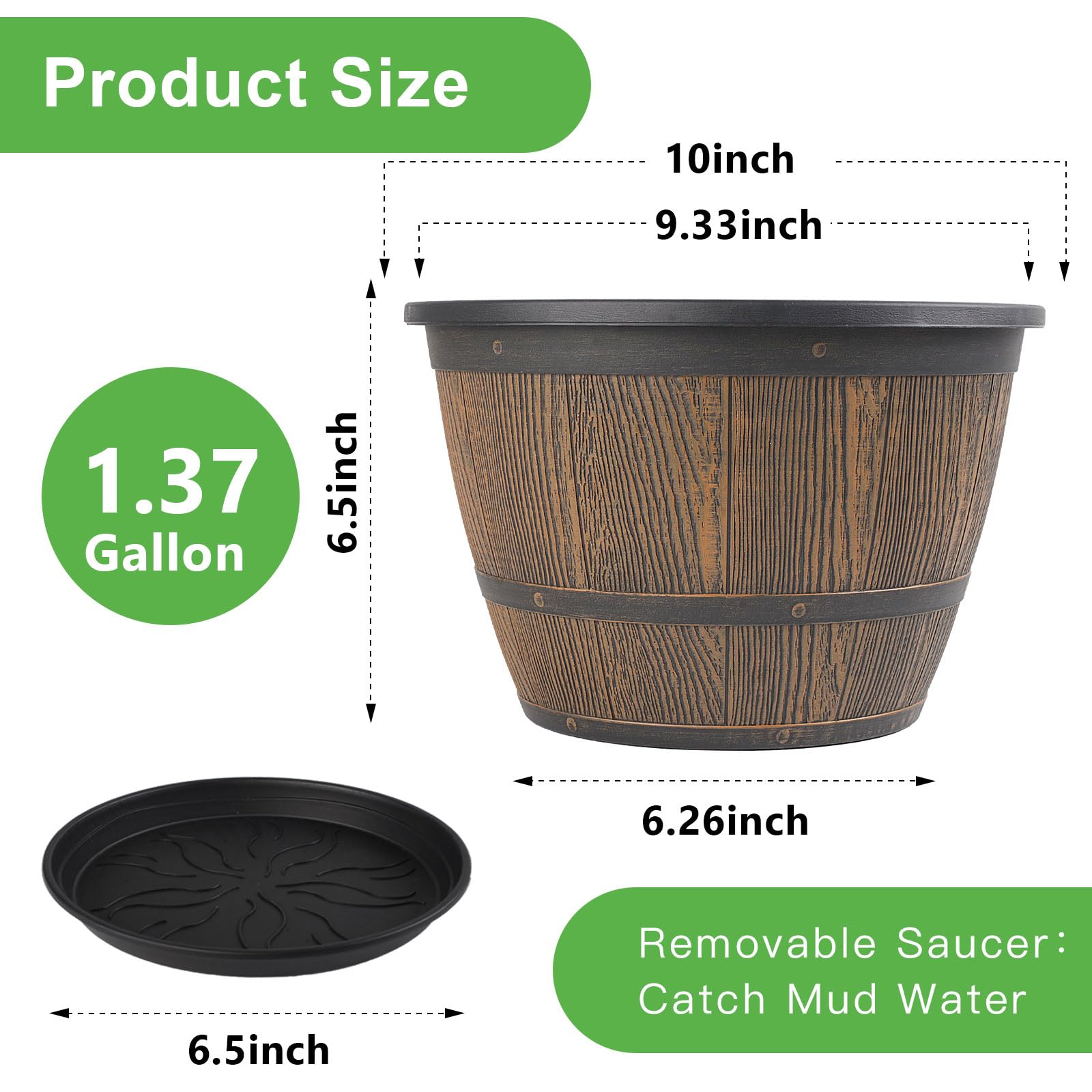 Doniczki na rośliny 25 cm, do użytku wewnątrz i na zewnątrz, 4 sztuki doniczek do whisky z otworami drenażowymi i spodkiem, plastikowe doniczki na kwiaty, imitacja beczki na wino, dekoracyjne doniczki