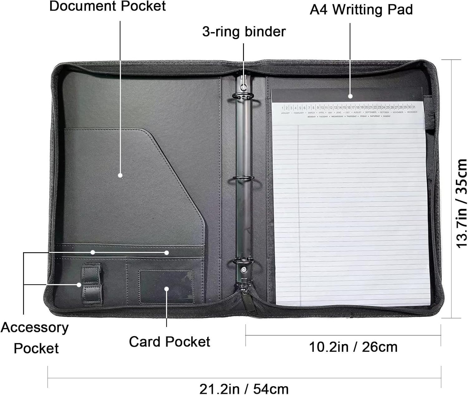 Yodo Zippered 3-Ring Binder Portfolio, Professional Executive Padfolio Organizer for Documents, Resume, Business Meetings & Interviews, Fits A4/Letter Size Paper, Black