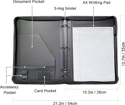 Miniatura 5 de Yodo Carpeta de 3 anillos con cierre de cremallera, organizador ejecutivo profesional para entrevistas de negocios y trabajo, incluye bloc de notas,