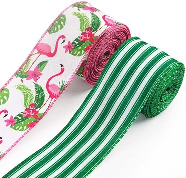 Estivaux 2 Rolls Summer Tropical Ribbons for Crafting - Hawaiian Luau Party Wired Edge Green Burlap With Flamingo Leaves - Bows for Gift Wrapping, Beach Pool Decorations