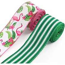 Estivaux 2 Rolls Summer Tropical Ribbons for Crafting - Hawaiian Luau Party Wired Edge Green Burlap With Flamingo Leaves - Bows for Gift Wrapping, Beach Pool Decorations