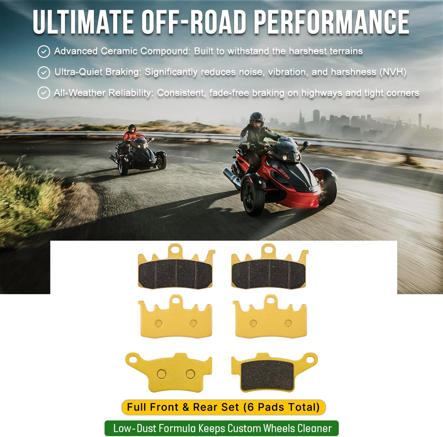 Sunluway Ceramic Front and Rear Brake Pads Full Set - Compatible with Can-Am Spyder (2013-2026) F3 F3-S F3-T F3 LTD RT RS ST - Direct Replacement Disc Pad Kit (6 Pieces)