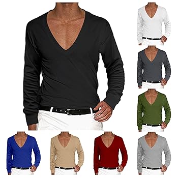 Deep V-Neck T-Shirts for Men Stylish Long Sleeve Basic Sexy