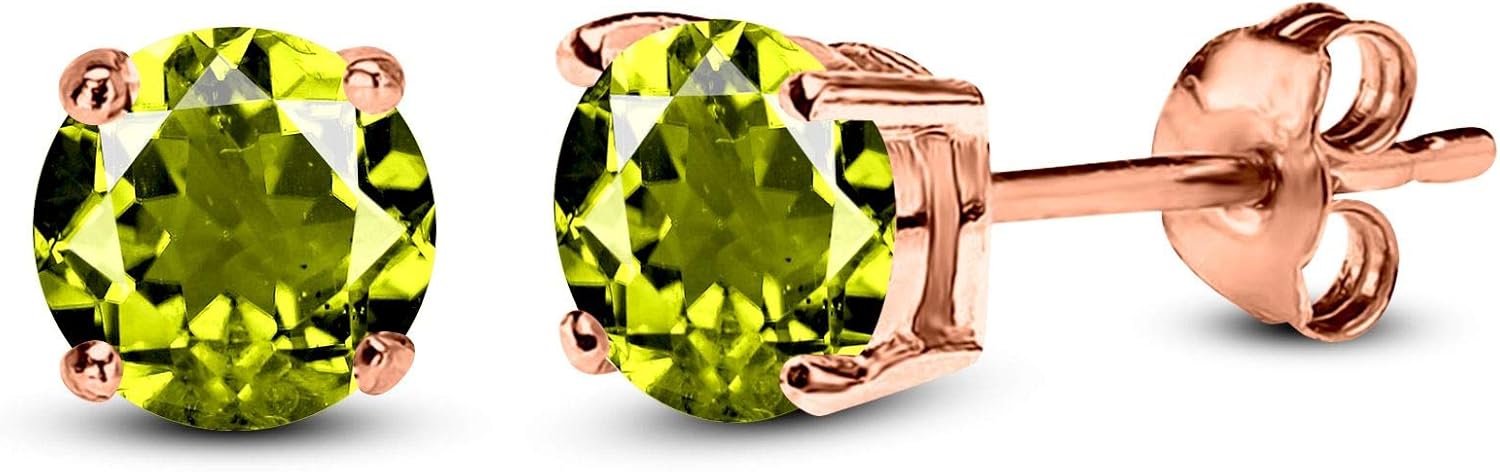 Pure 925 Silver 18k Rose Gold Plated Round Green Peridot Solitaire Stud Earrings