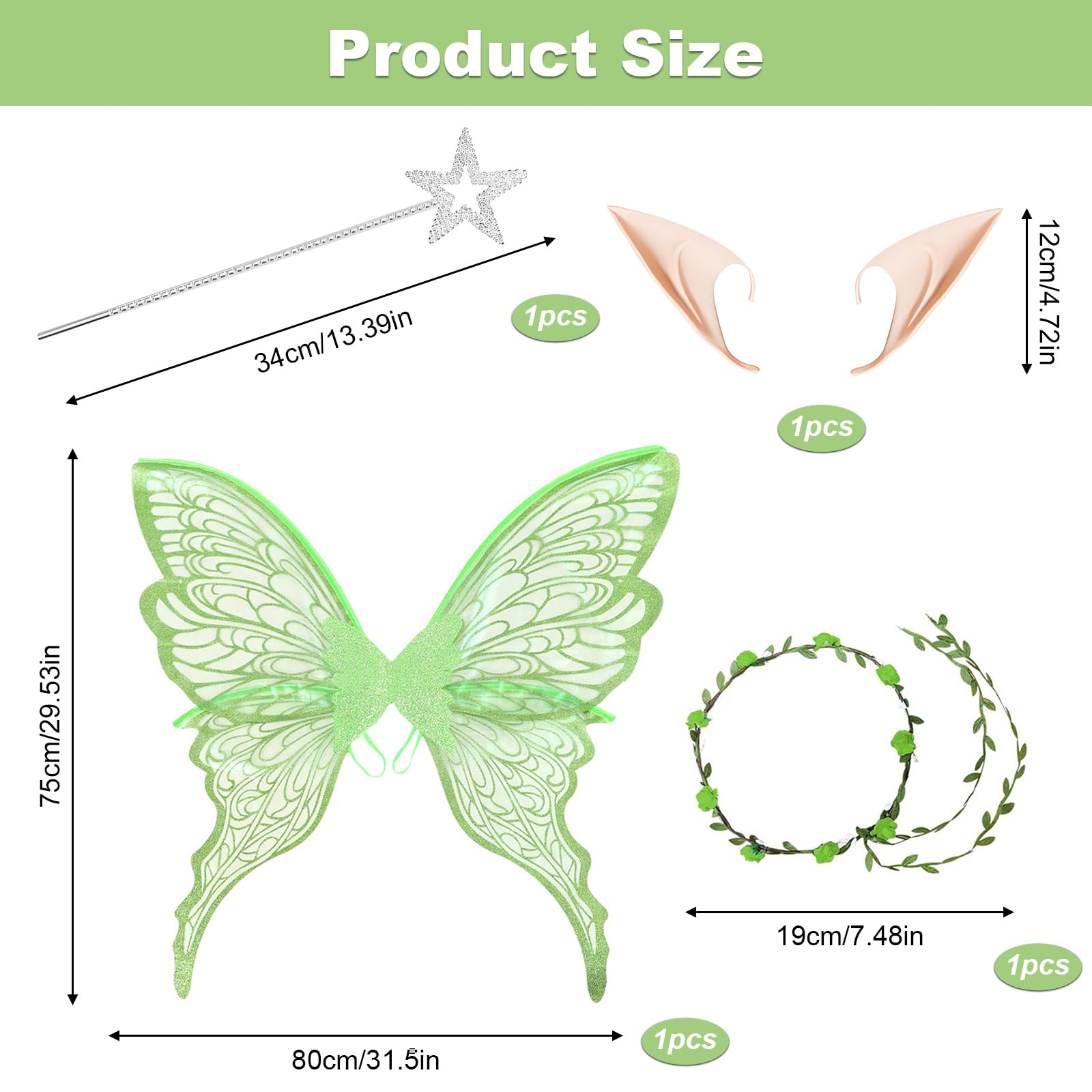 Fairy Wings Costume Set, 4-Piece Tinkerbell Style Outfit with Butterfly Wings, Elf Ears - Image 2