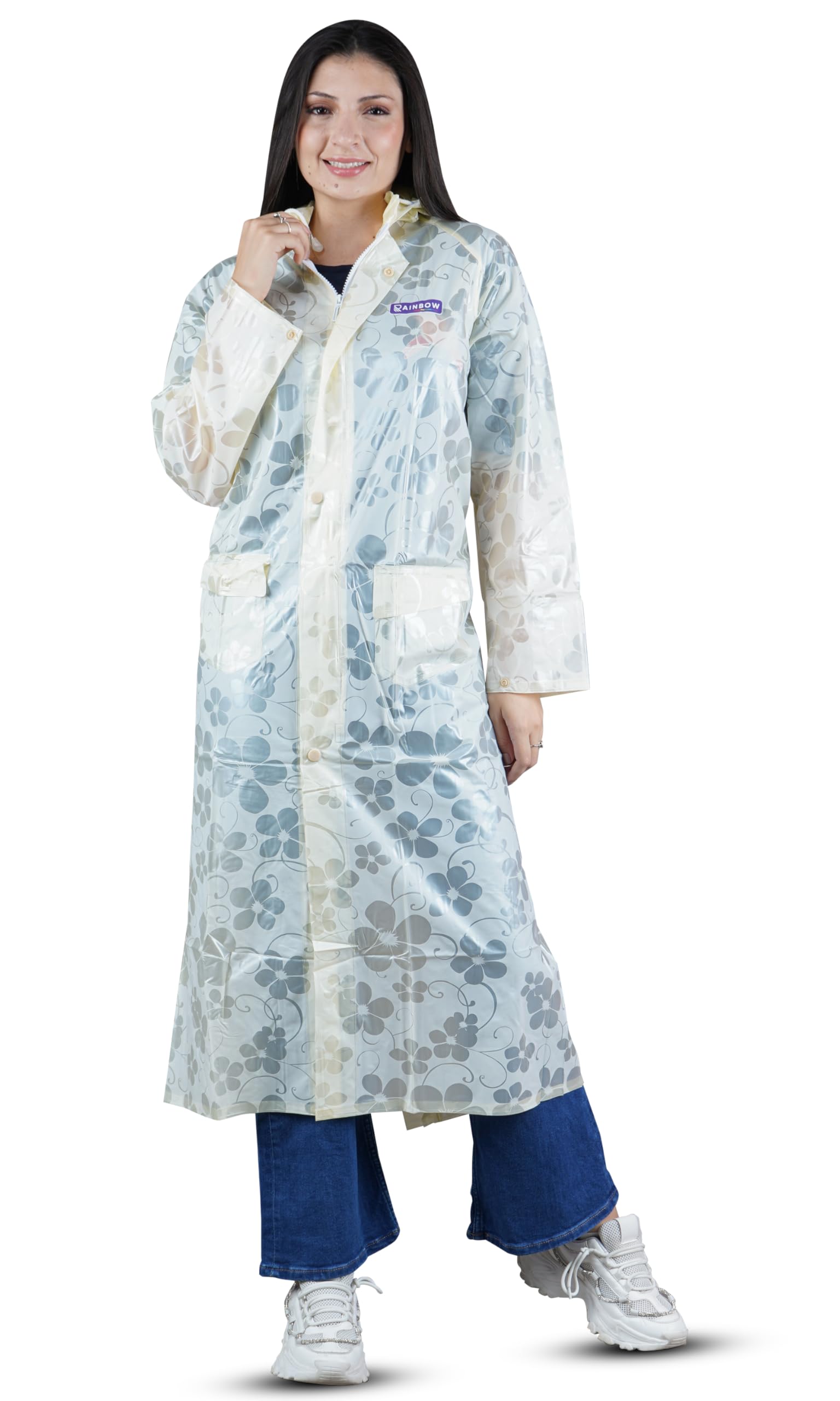 Raincoat for Women Ladies Lightweight Rain Jackets Self Design Knee Length Longcoat/Raincoat With Adjustable Hood-image-34
