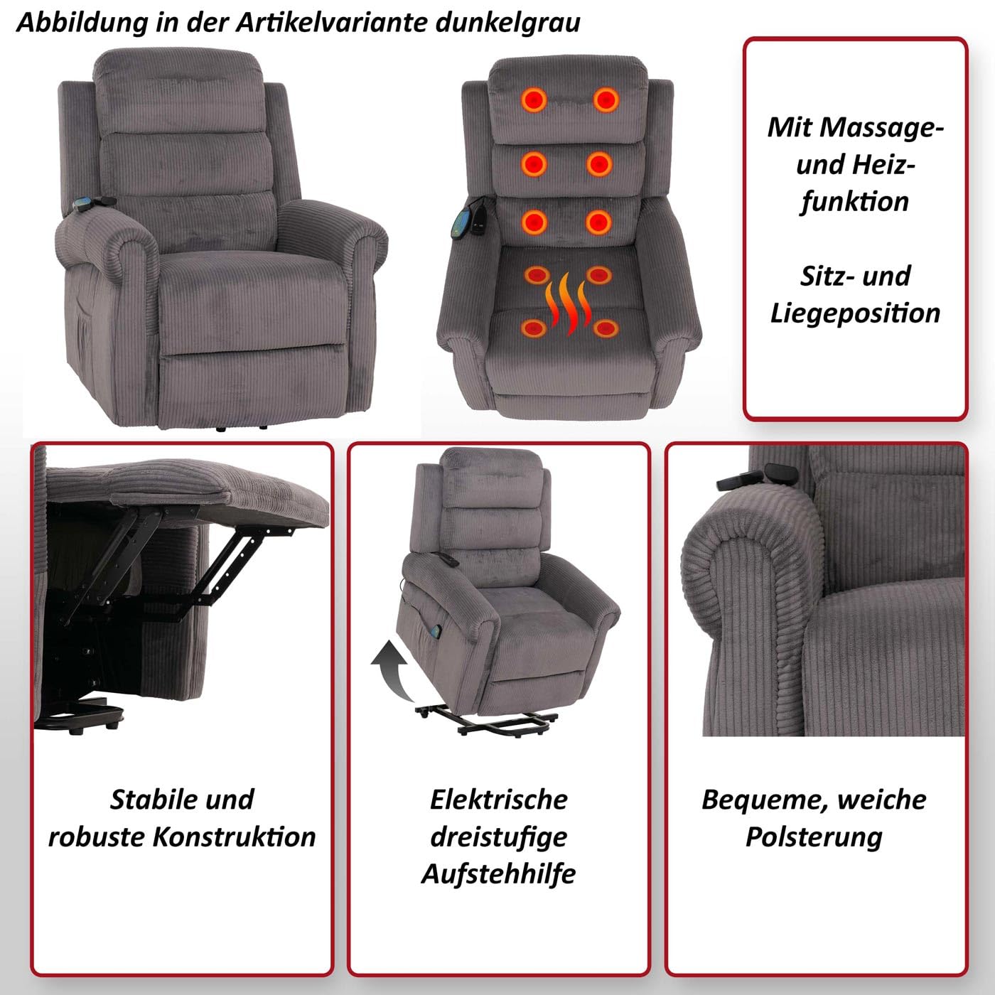 Mendler Fernsehsessel HWC-K63, Relaxsessel, Liegefunktion Aufstehhilfe Massage Heizfunktion, Stoff (220g/m²) Cord - hellgrau