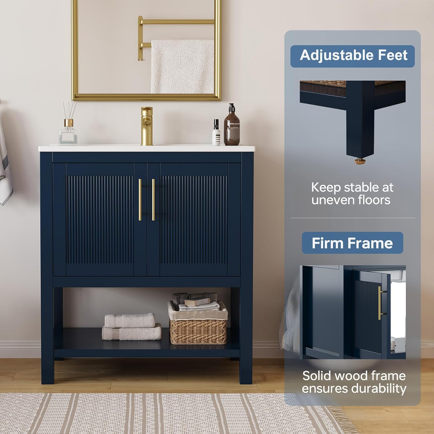 30 Inch Bathroom Vanity with Sink, Modern Undermount Bathroom Sink Cabinet with Soft-Closing Doors & Open Storage Shelf, 30 Inch Vanity with Integral Sink, Solid Wood Frame, Navy Blue