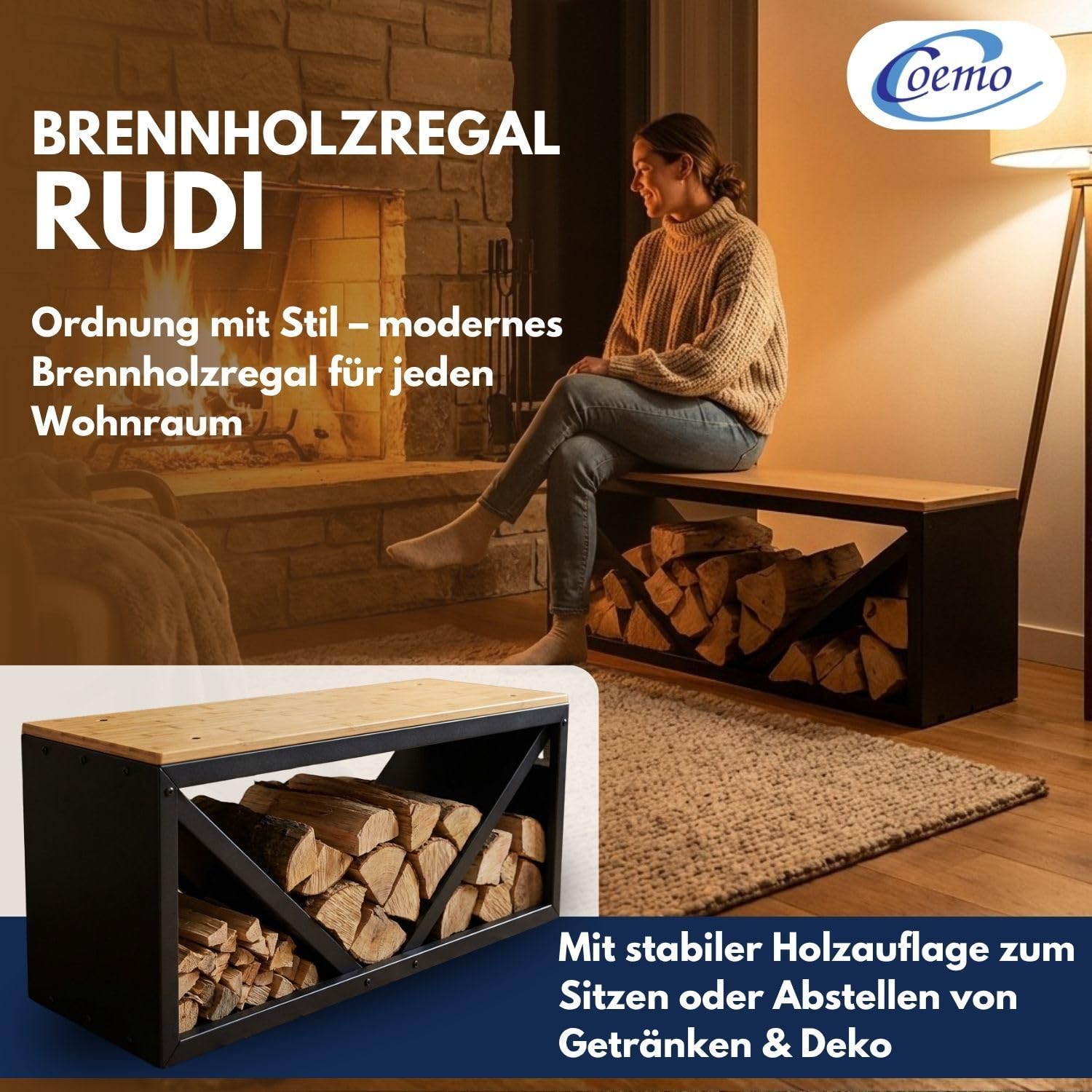 Coemo Kaminholzregal mit Sitzfläche Rudi Schwarz - Modernes Brennholzregal aus Metall & Holz, Kaminholzhalter Schwarz, Holzlager Regal Indoor, Sitzbank Kamin, Feuerholz Aufbewahrung, Kaminzubehör