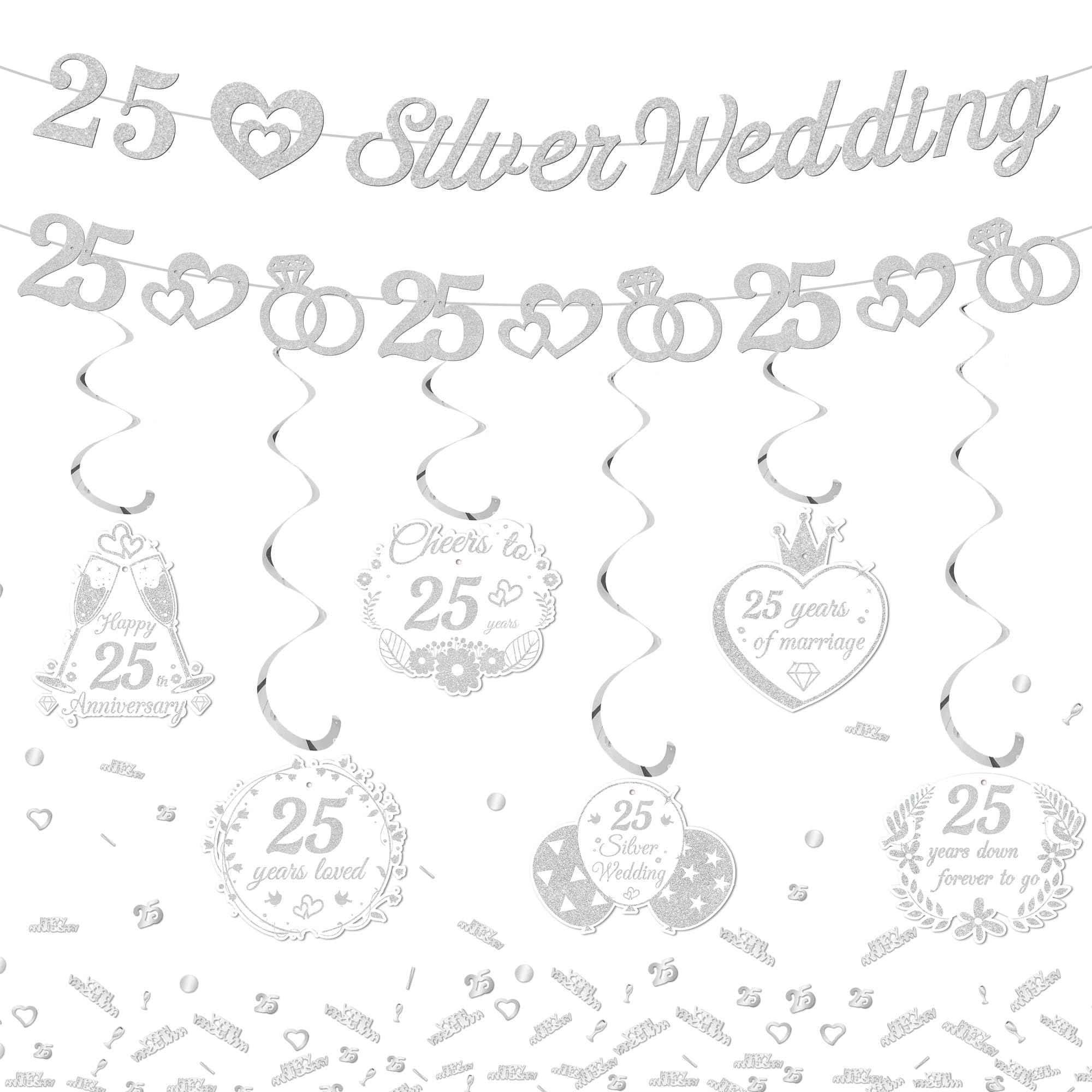 25th Wedding Anniversary Decorations, 9pcs Silver Wed Banners Confetti Set