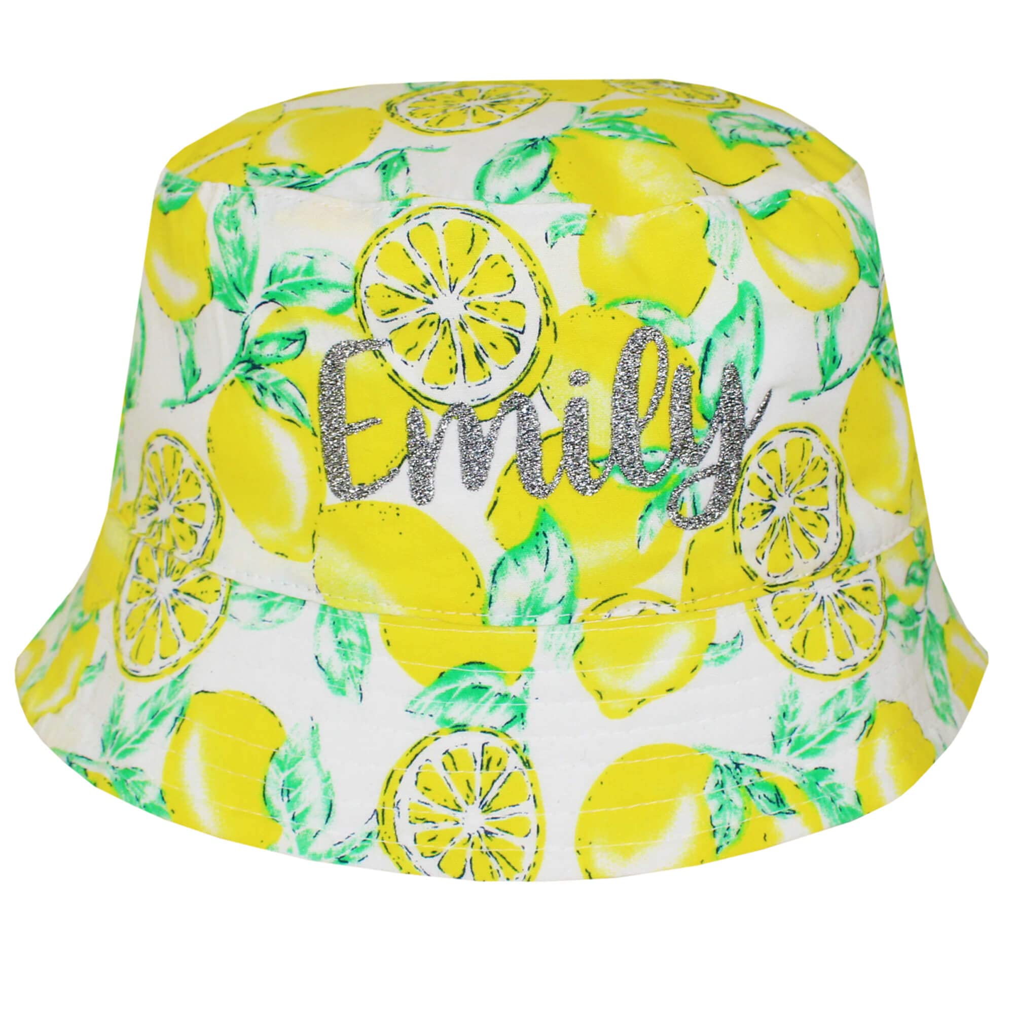 Teddyts Girls Yellow Personalised 'S Lemon Design Sun Bucket Hat With Sparkle Embroidered Name (As8, Age, 3_Years, 6_Years, 3-6 Years)