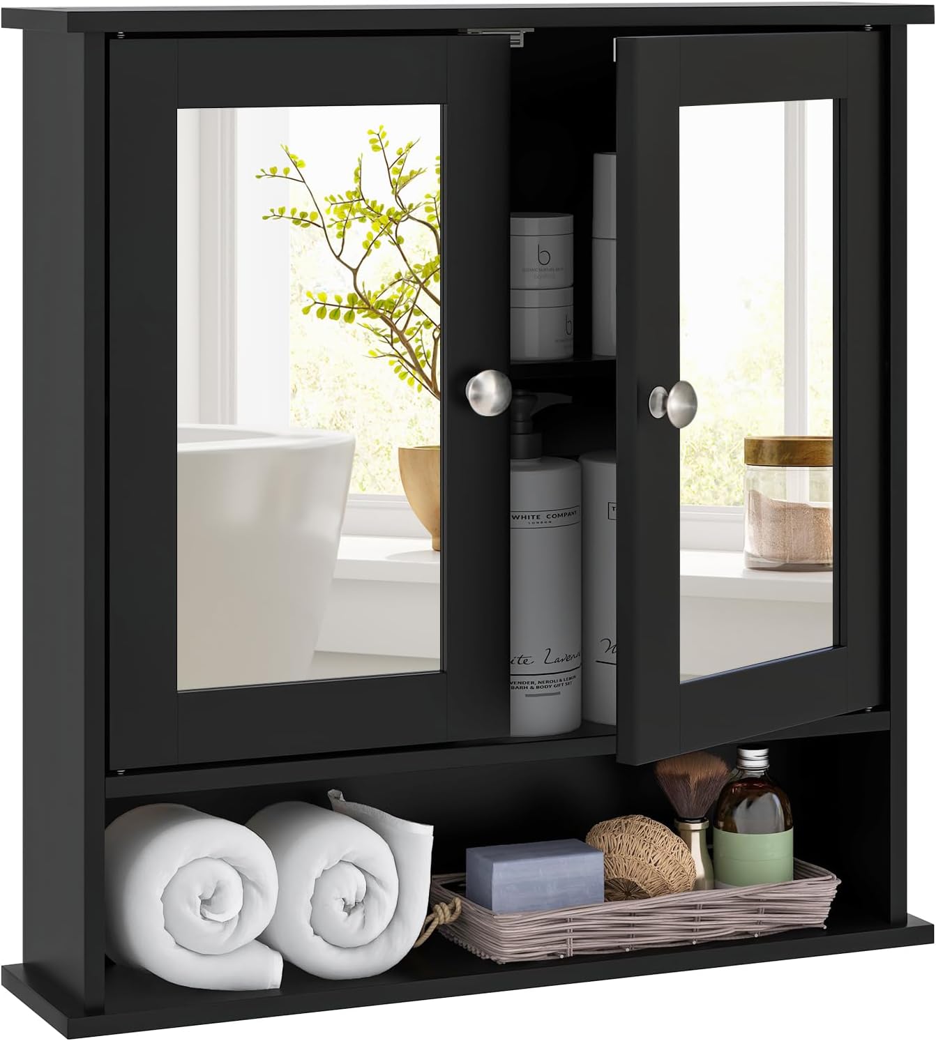 Tangkula Bathroom Medicine Cabinet with Mirror, Wall Mounted Wooden Hanging Organizer with Doors and Shelves, Bathroom Wall Mirror Cabinet (Black) Black mirror doors