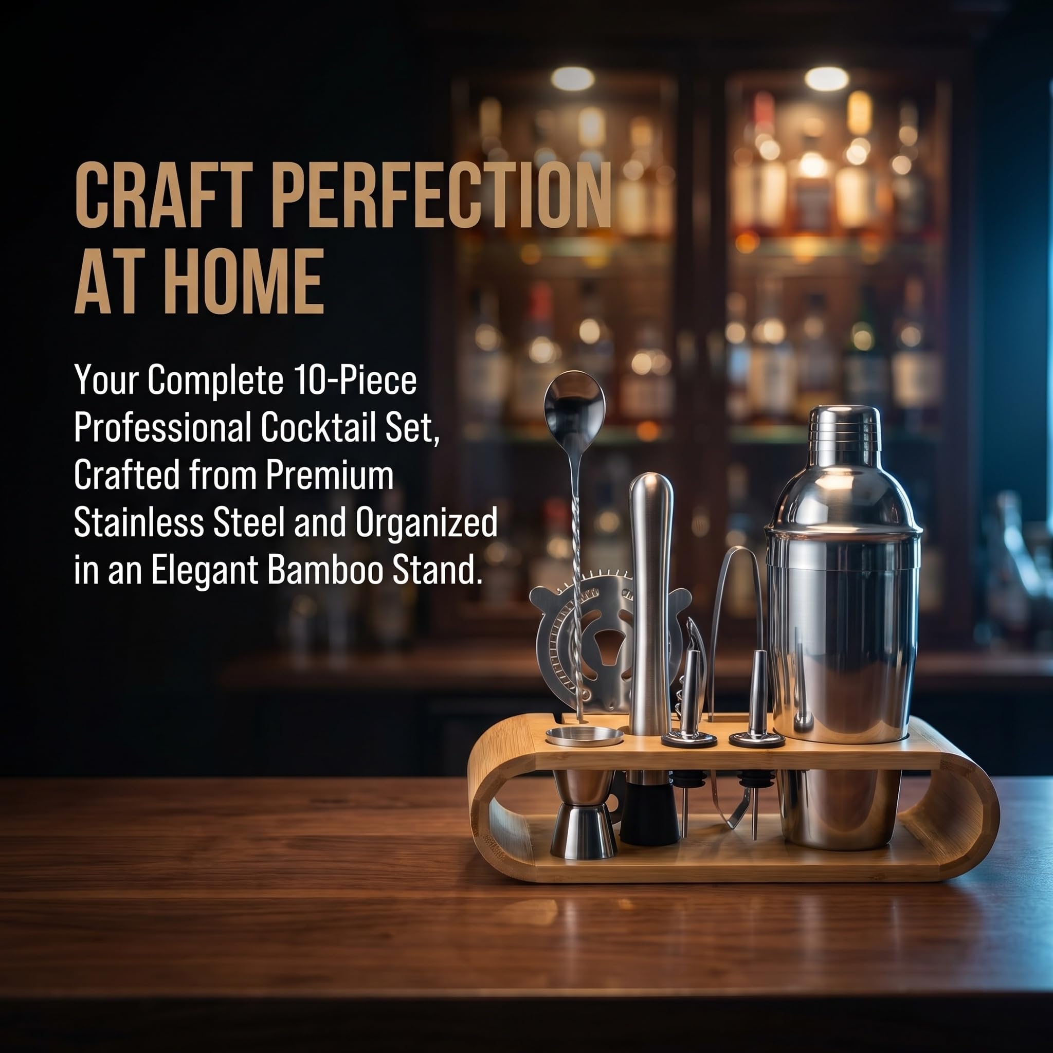Kit Profesional De Coctelería De 10 Piezas con Soporte De Bambú, Coctelera De 750 Ml, Herramientas Esenciales para Preparar Cócteles, Hombres, Padres Y Amigos.