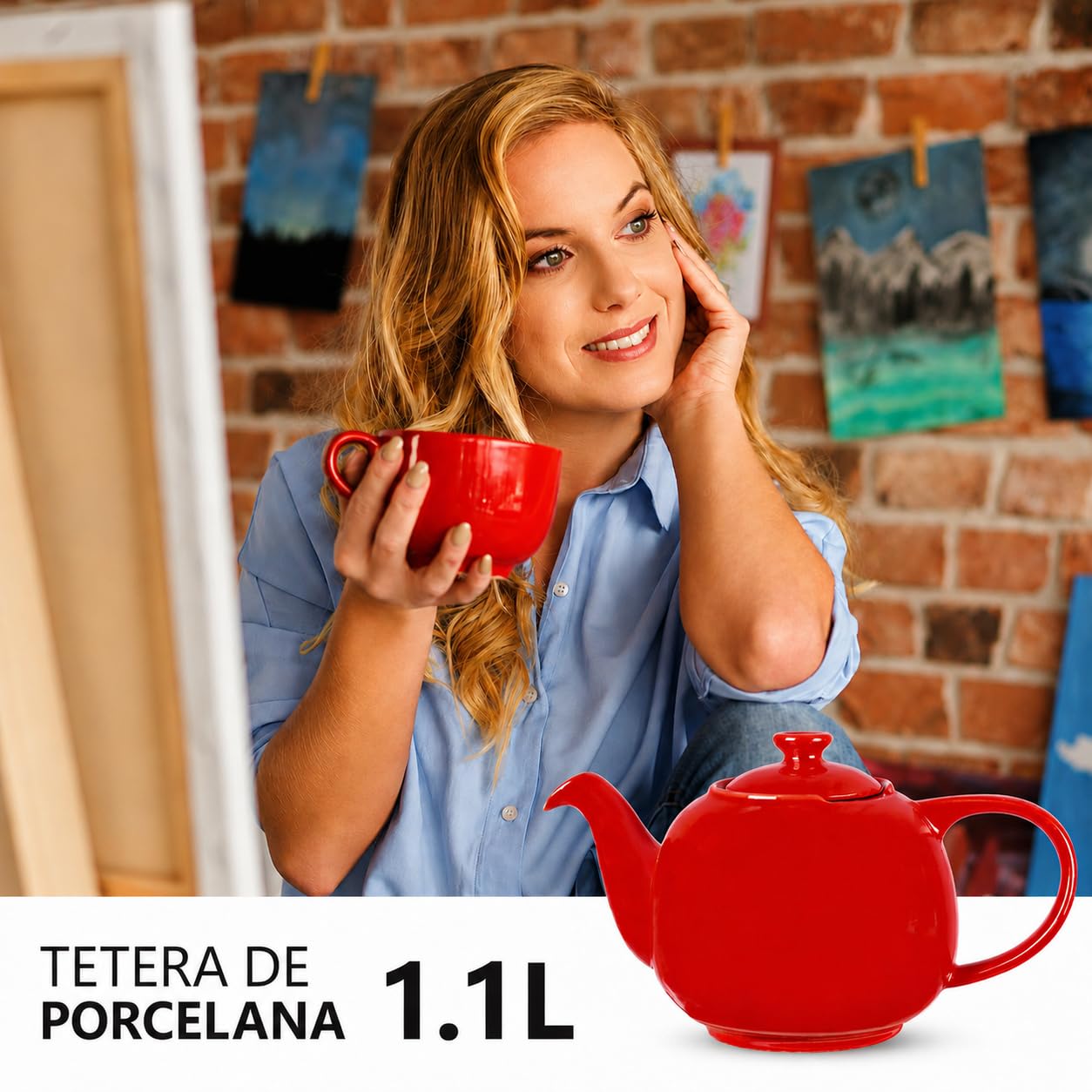 URBAN LIFESTYLE Tetera de porcelana con infusor de acero inoxidable, 1,1 L (5 tazas), tetera sin goteo para té a granel y bolsitas, modelo Swansea verde mar (Rojo)