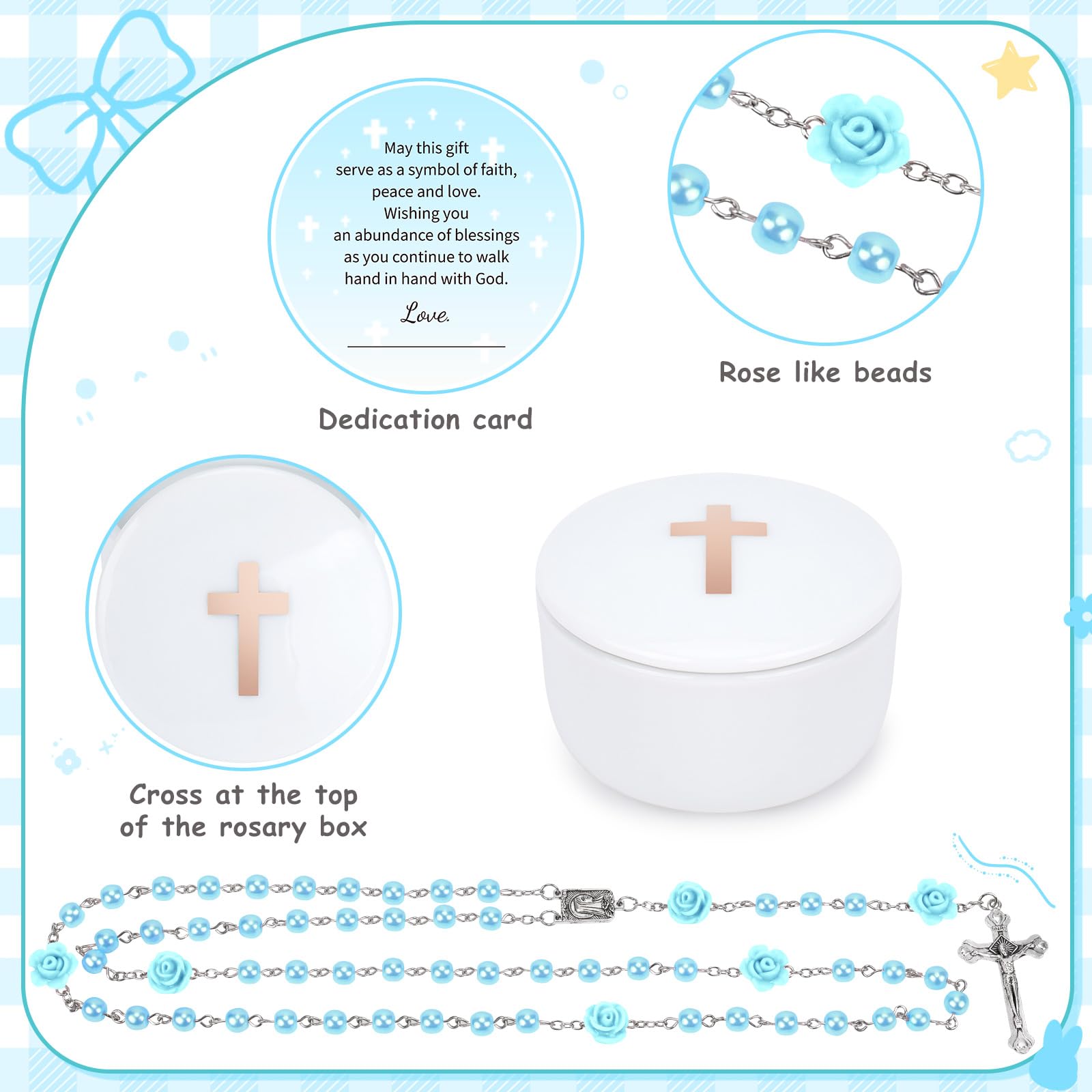 Baptism Gifts for Boy, Christening Gifts for Boys, Dedication Gift, Includes Bunny Stuffed Animal, First Rosary Beads, Prayer Book, Keepsake Blanket, Catholic Baptism Gift Basket
