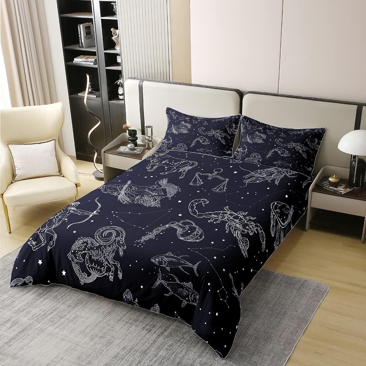 Erosebridal 100% Natural Cotton Constellation Comforter Cover Queen Size Starry Sky Bedding Set Zodiac Signs Print Duvet Cover Navy Blue Room Decorative Soft Breathable Quilt Cover