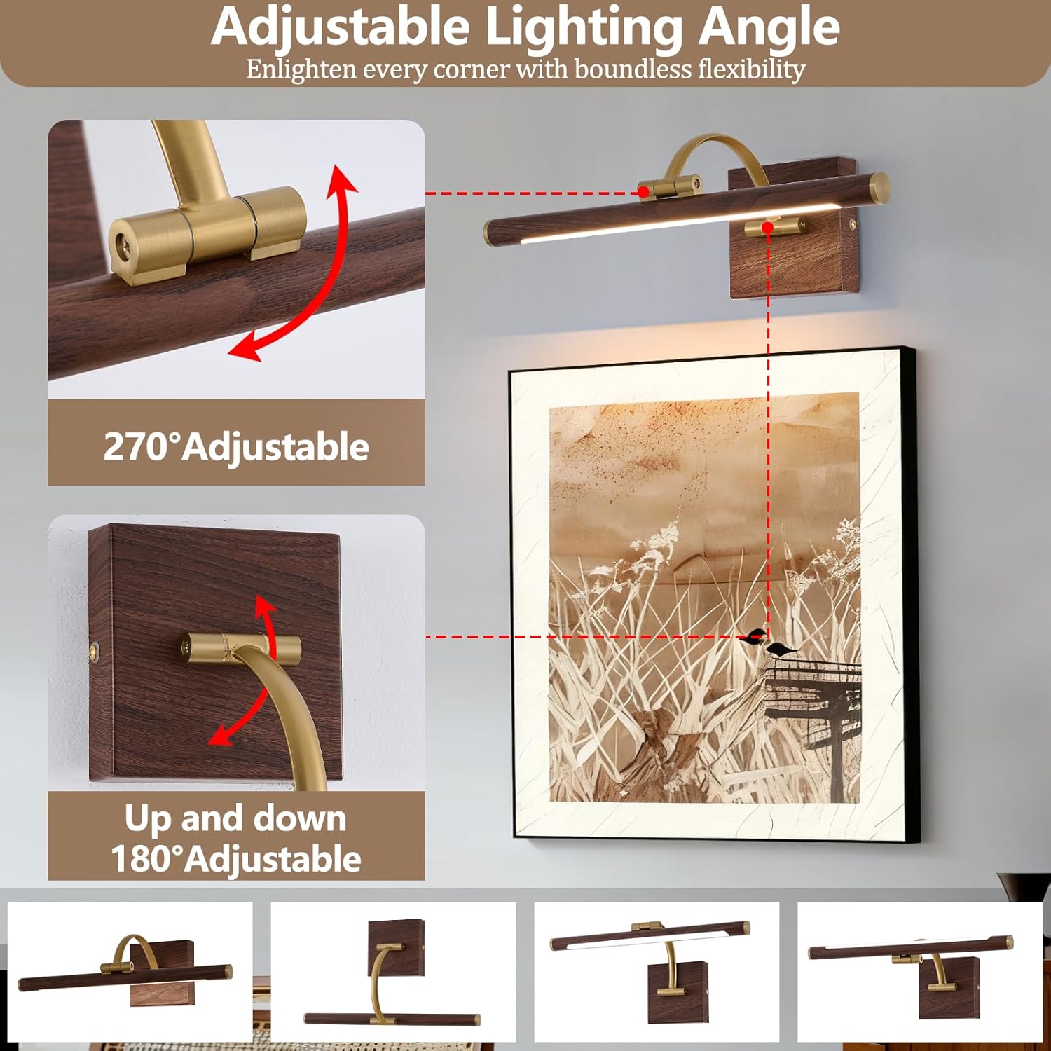LED Picture Light Wall Mounted Hard-Wired Dimmable Art Gallery Light with Adjustable Swing Arm, 2700K Warm White, Brass & Wood Finish Picture Lamp for Paintings, Artwork, Wall Decor