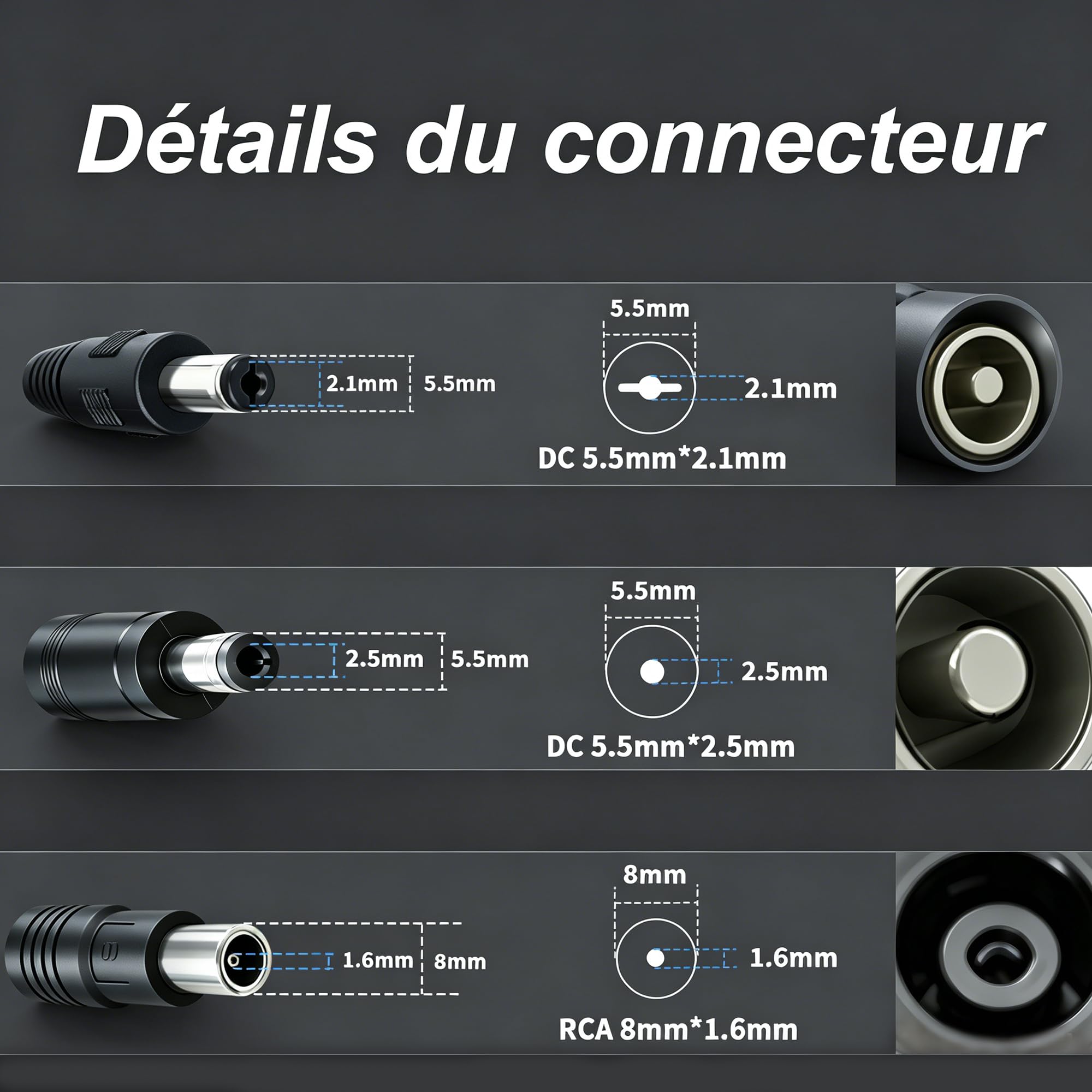 Chargeur 42V 5A pour Batterie Lithium 36V de vélo électrique | Écran indicateur de tension, ventilateur intégré, connecteurs DC 5,5x2,5/2,1mm et RCA 8mm inclus