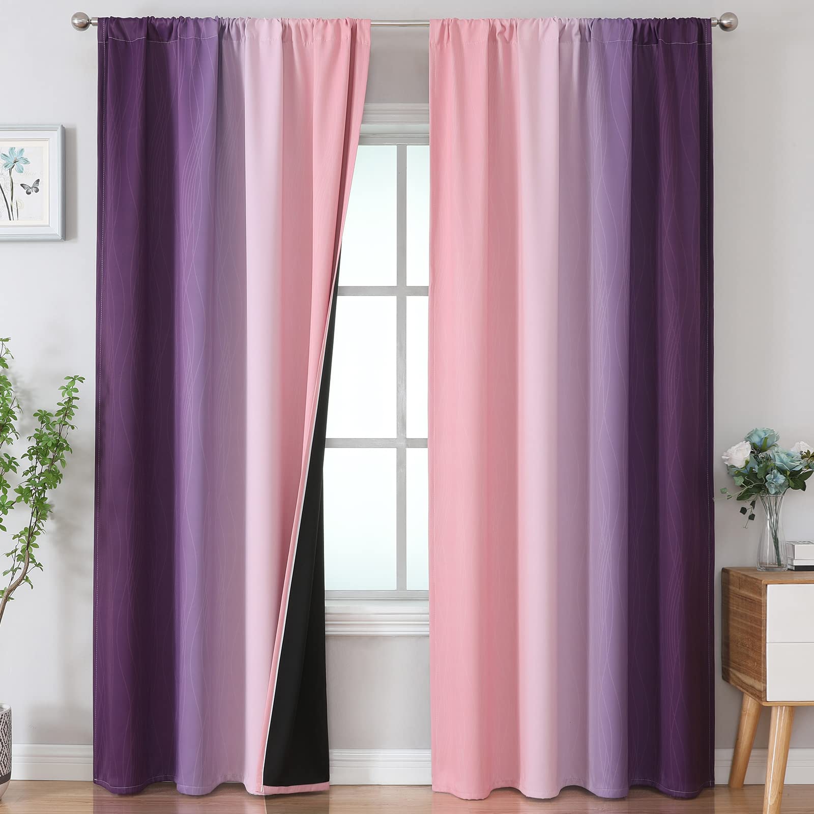 Estelar Textiler Pink and Purple Blackout Curtains 84 Inch Length 2 Panels Set, Full Room Darkening Rod Pocket Ombre Curtains for Bedroom, Thermal