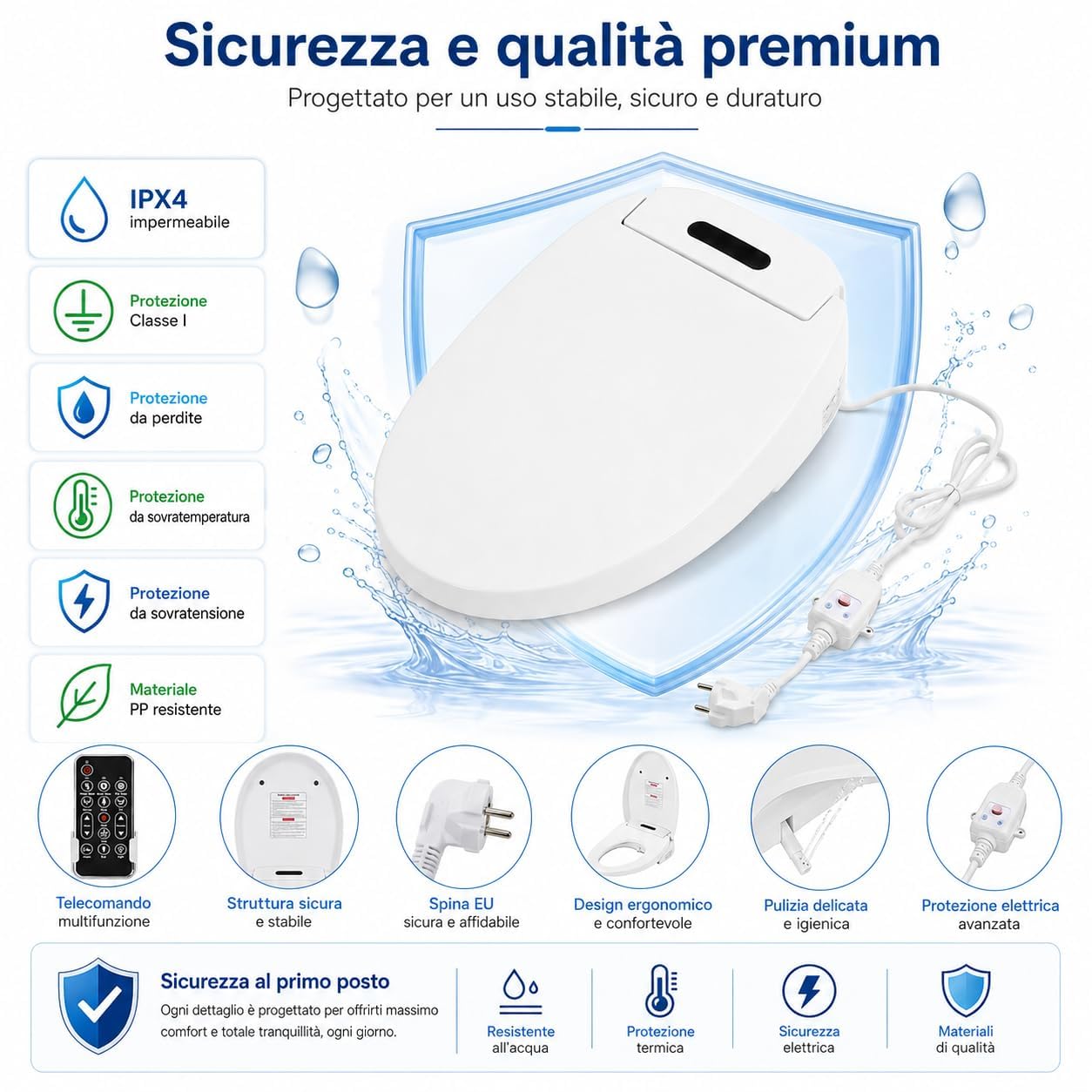Smart Bidet Toilettensitz, 1300W, AC220V EU-Stecker, 4-Stufen Temperatur, Fernbedienung, Warmwasser, Trocknung, LED Nachtlicht, Weiß