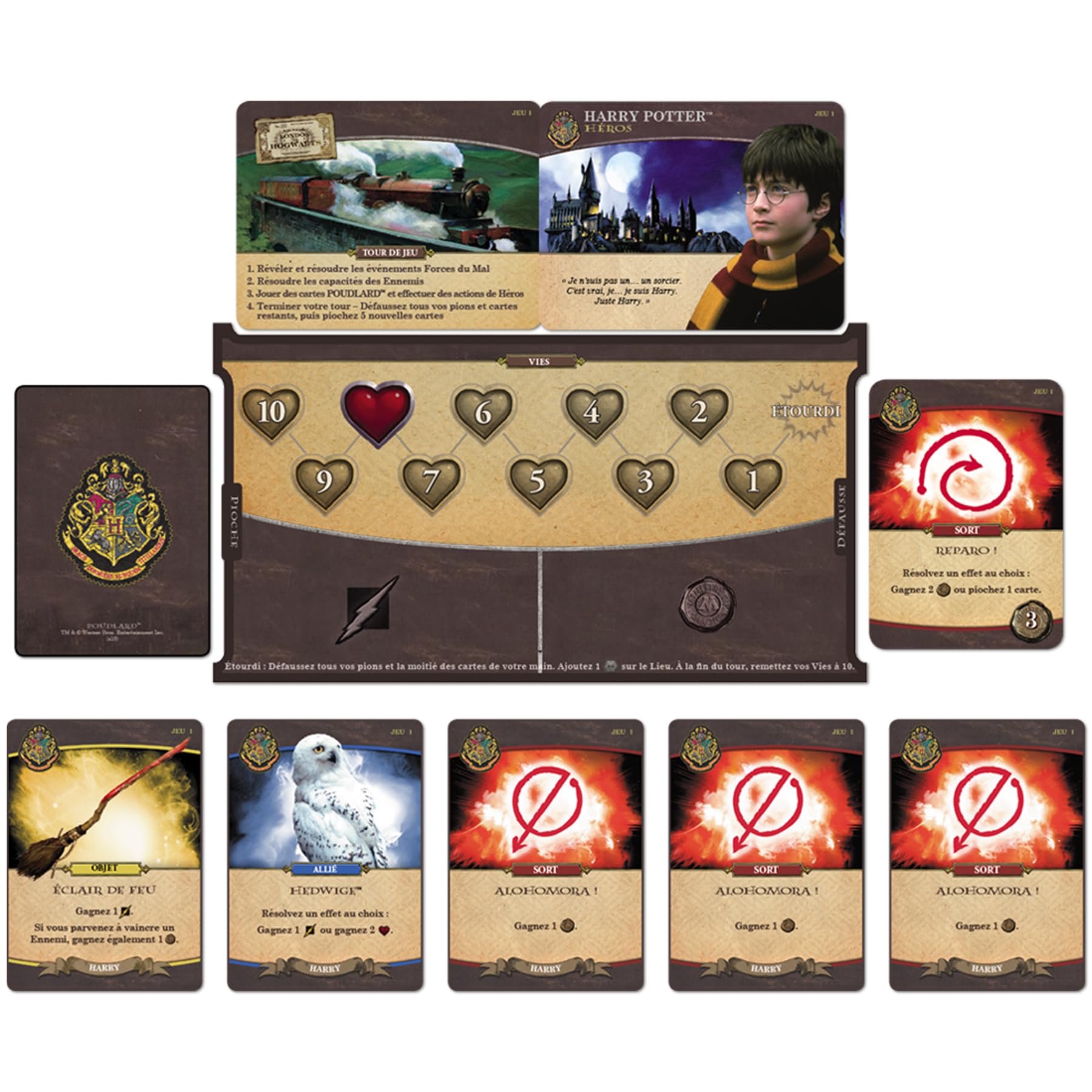Asmodee - HARRY POTTER : BATAILLE À POUDLARD - Jeu de Société Coopératif pour Enfants Dès 11 Ans - Jeu de Deckbuilding - Univers Magique Inspiré des Livres - 2 à 4 Joueurs - En Français - USAopoly