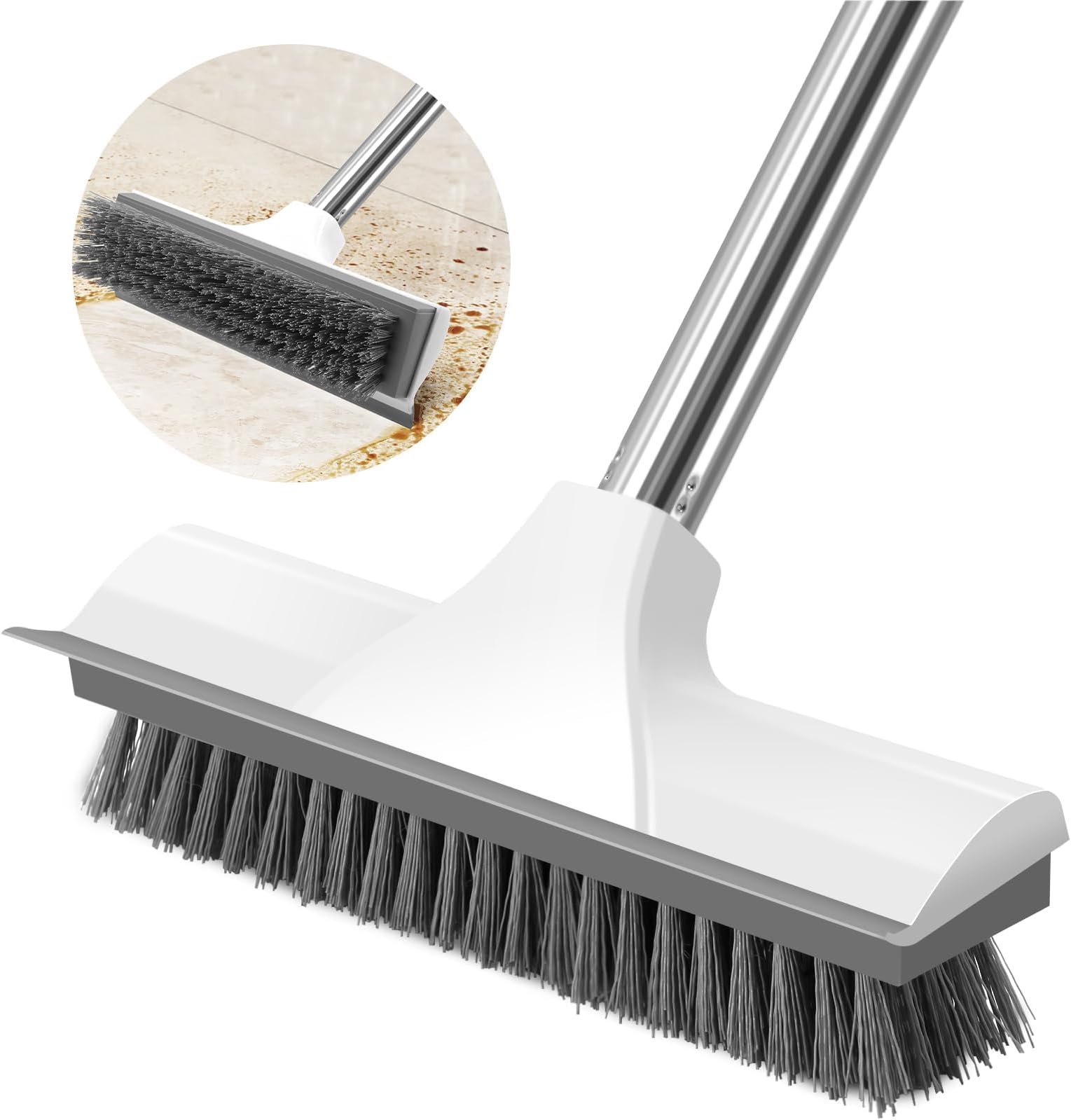 Long Handle Floor Scrubbing Brush with Squeegee, 2 in 1 Long Handle Floor Scrubbing Brush with Stiff Brush Bristles Can be hung for Cleaning Bathroom, Kitchen, Deck, Garage, Patio