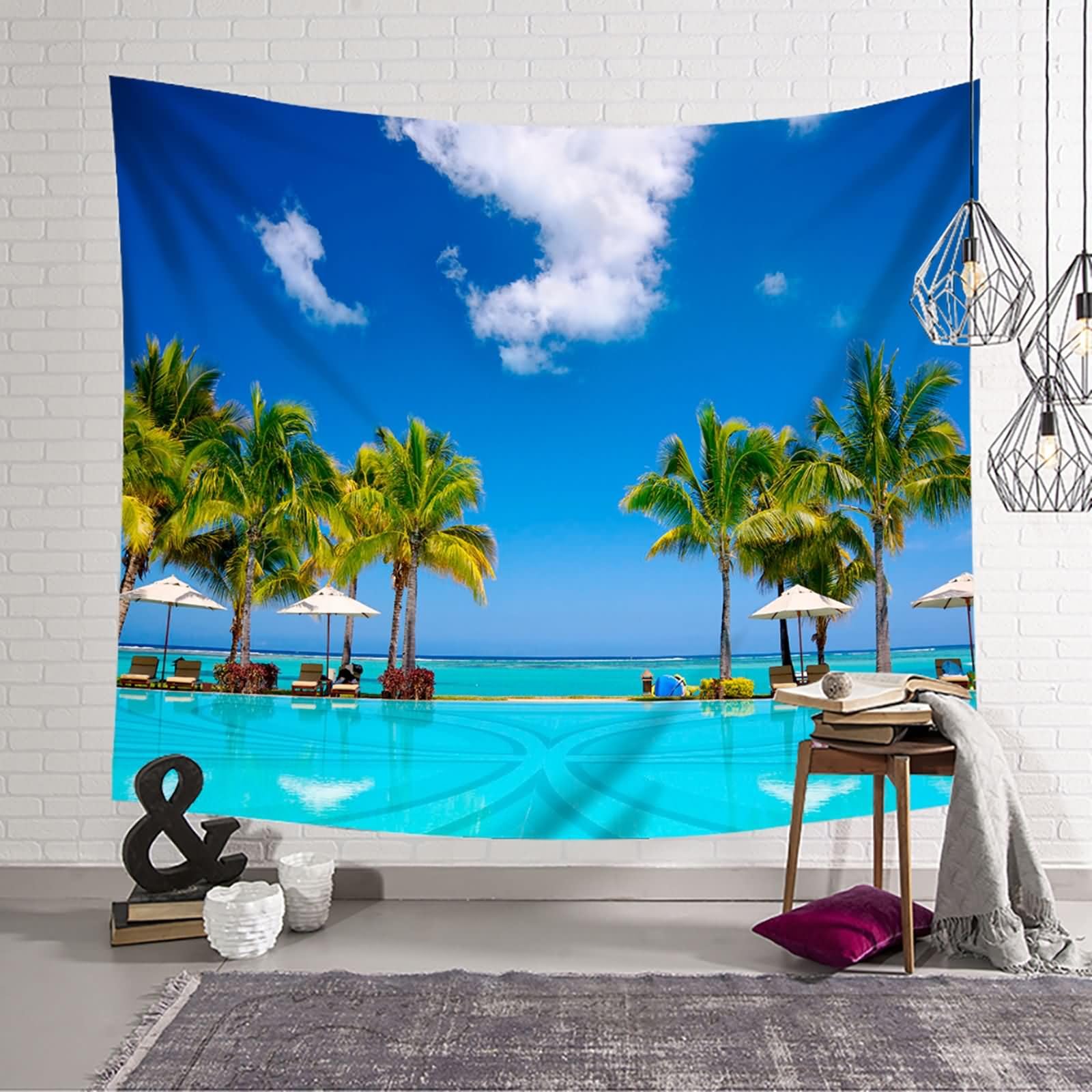 Homxi Tapiz de Sofá 240 W x 220 H CM, Paisaje de Piscina y Silla, Tapices Salon Poliéster, Azul Verde