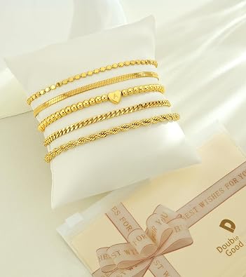 doubgood Gold Bracelet for Women 5 Layer Stack Initial Heart Charm Jewelry