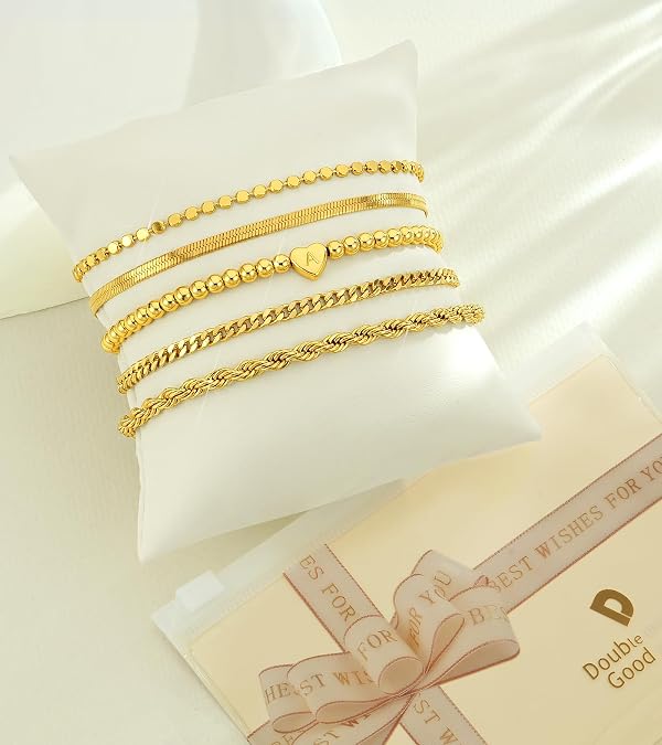 doubgood Gold Bracelet for Women 5 Layer Stack Initial Heart Charm Jewelry