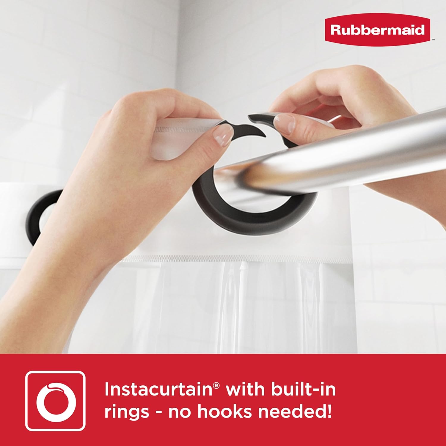 Rubbermaid Clear No Hook 3-in-1 Waterproof Shower Curtain with 5 Storage Pockets, Heavyweight PEVA Instacurtain for Bathroom with Black Built-in Rustproof Rings, 71” x 74”, Clear