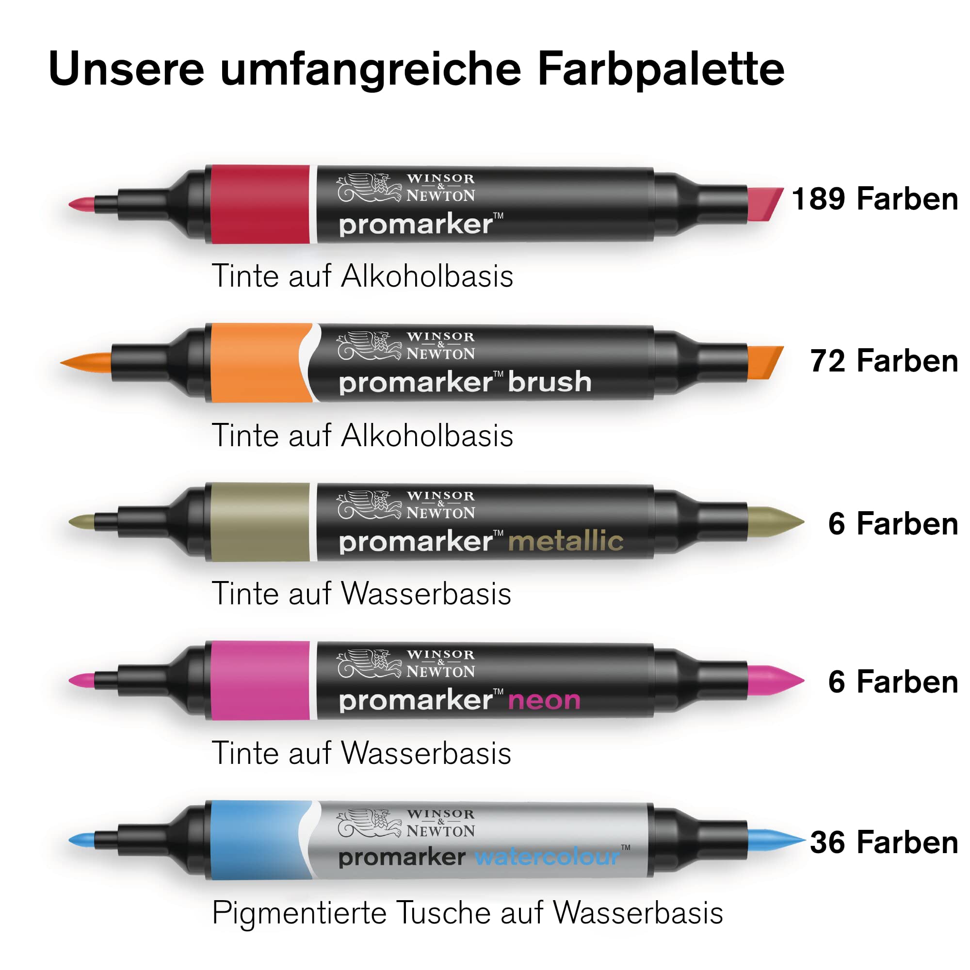 Winsor & Newton 0290080 BrushMarker (für Zeichnungen, Kalligraphie, Design und Layouts, streifenfreies Zeichnen mit Keil- und Pinselspitze) 48 Farben Set
