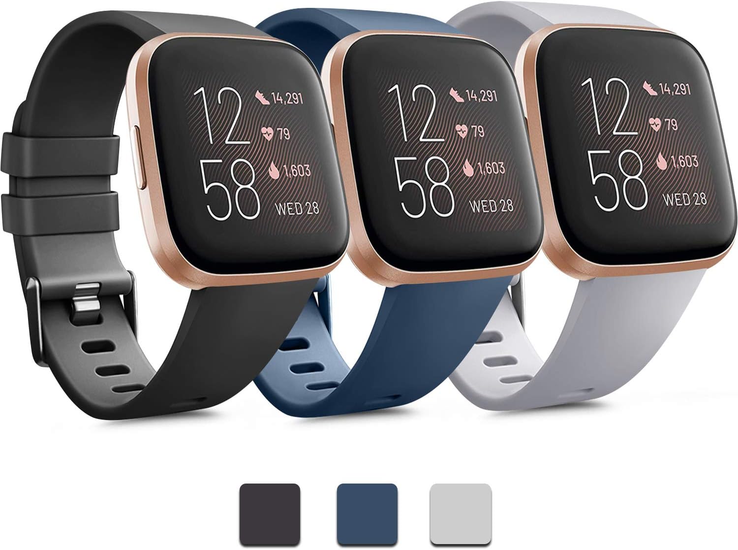 Pack 3 Soft Silicone Bands for Fitbit Versa 2 / Fitbit Versa/Fitbit Versa Lite Classic Adjustable Sport Bands for Women Men Small Large(Without Tracker) (Large, Black+Blue+Grey) : Electronics