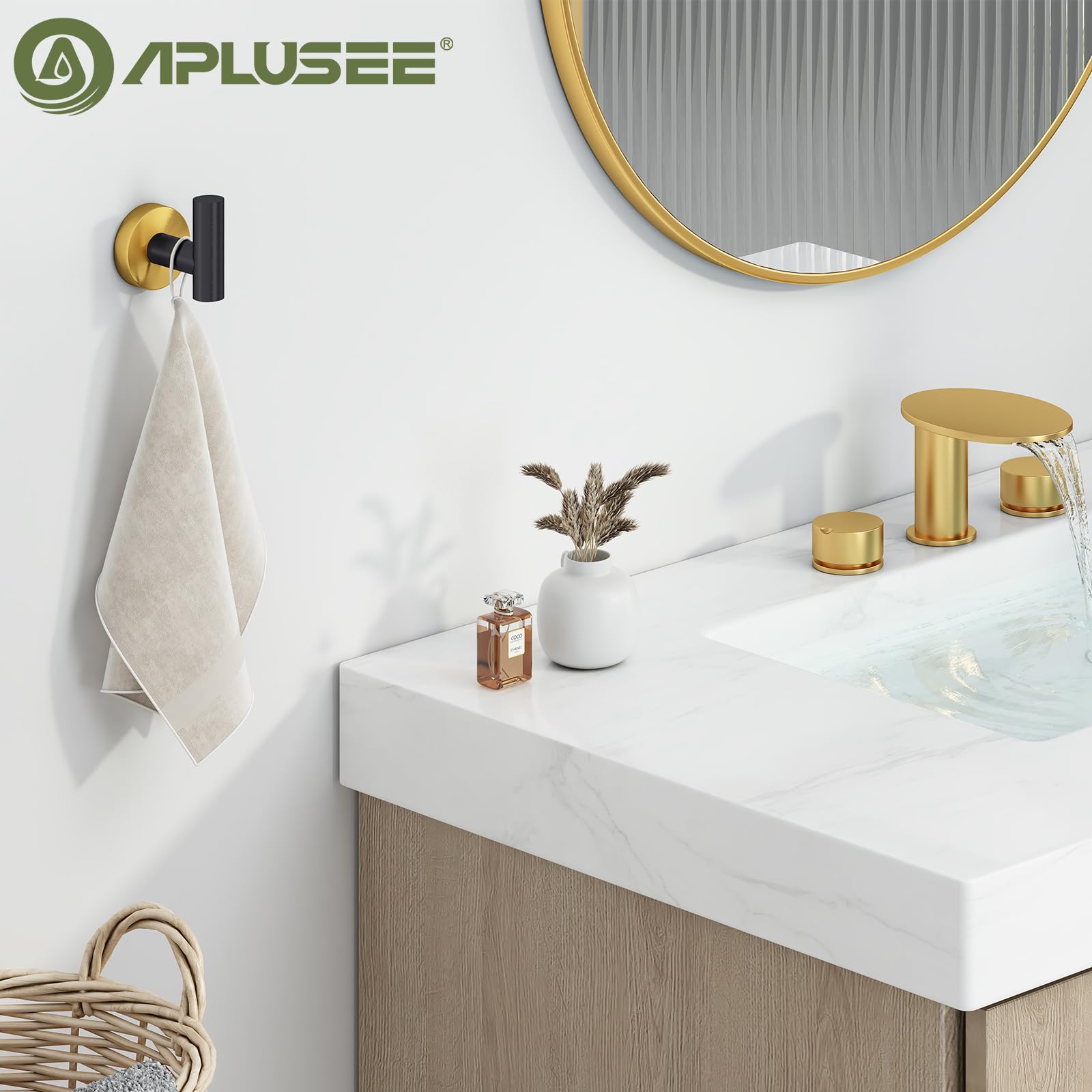 Aplusee - Gancho para toallas, color negro mate y dorado, de acero inoxidable, con una sola punta, para baño, cocina, garaje, hogar, almacenamiento