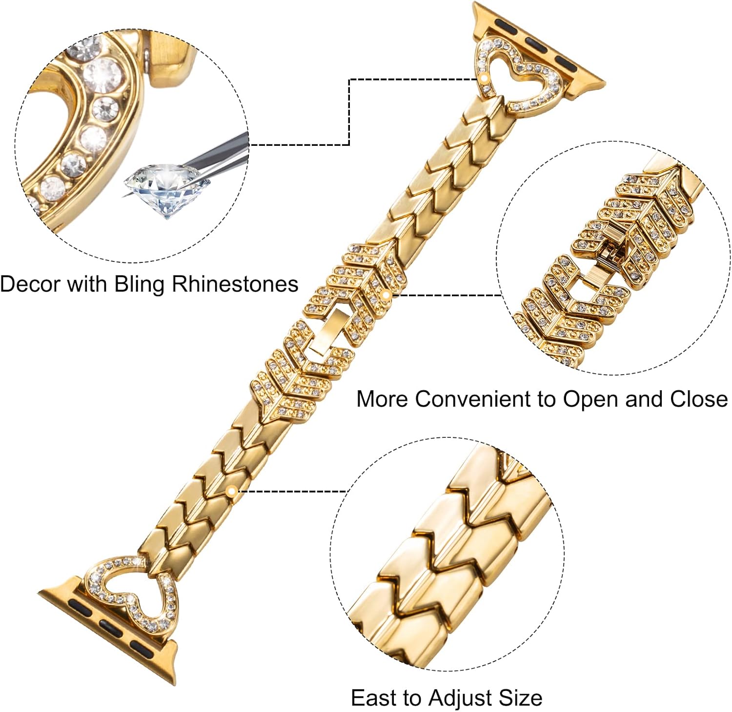 SaNgaiMEi Bling Bands Compatible with Apple Watch Band 38/40/41/42/44/45mm Women Girls iWatch Series 8/7/6/5/4/3/2/1/SE,Dressy Jewelry Metal Bracelet Adjustable Wristband - Image 3