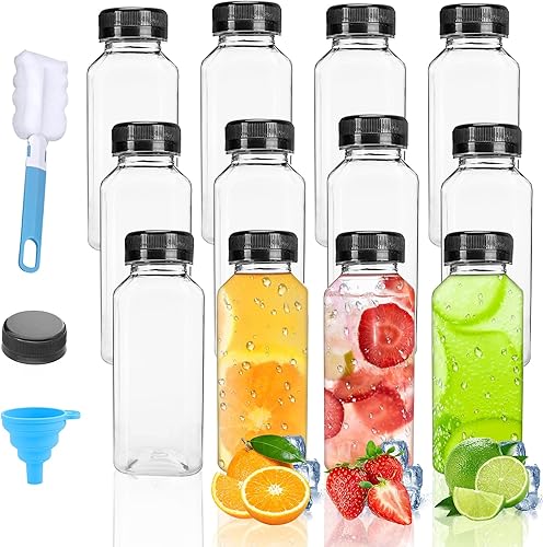 Botellas de plástico de 12 onzas con tapas, 12 botellas de jugo, recipientes transparentes reutilizables con tapa negra, botella de plástico para